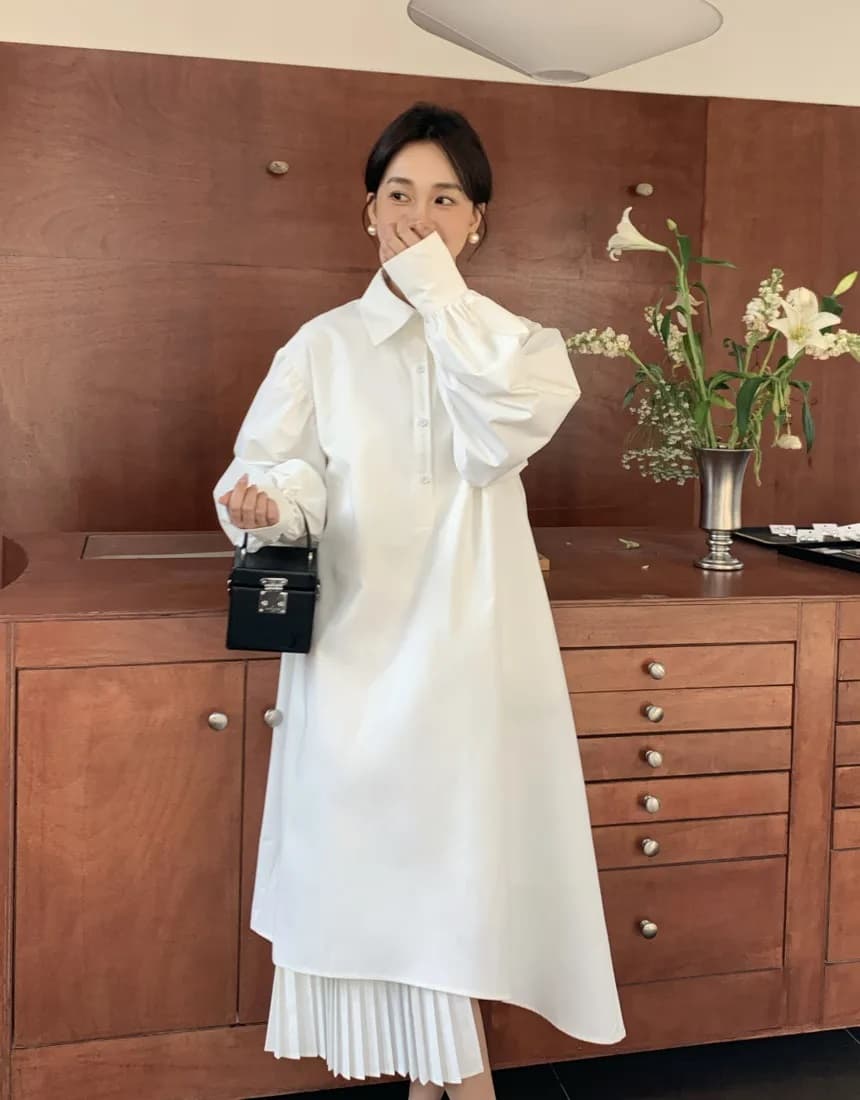 한국 동대문 가을 새로운 작은 대중 디자인 센스 패치워크 플리츠 셔츠 여성 드레스 이미지 2