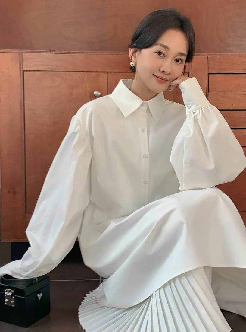 한국 동대문 가을 새로운 작은 대중 디자인 센스 패치워크 플리츠 셔츠 여성 드레스 상세 이미지 5