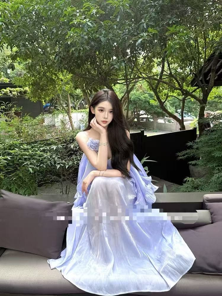 슬립 여성 드레스 여름 빛 럭셔리 명문 여성 고급 센스 무거운 작업 3 차원 꽃 프릴 휴가 바람 큰 진자 롱 스커트 상세 이미지 3