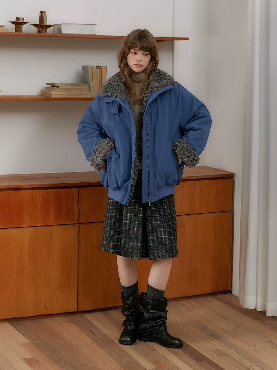 스쿼트 ~ 중 바다 파란색 패치워크 플리스 내피 모피 모피 칼라 재킷 면 의류 재킷 이미지 4