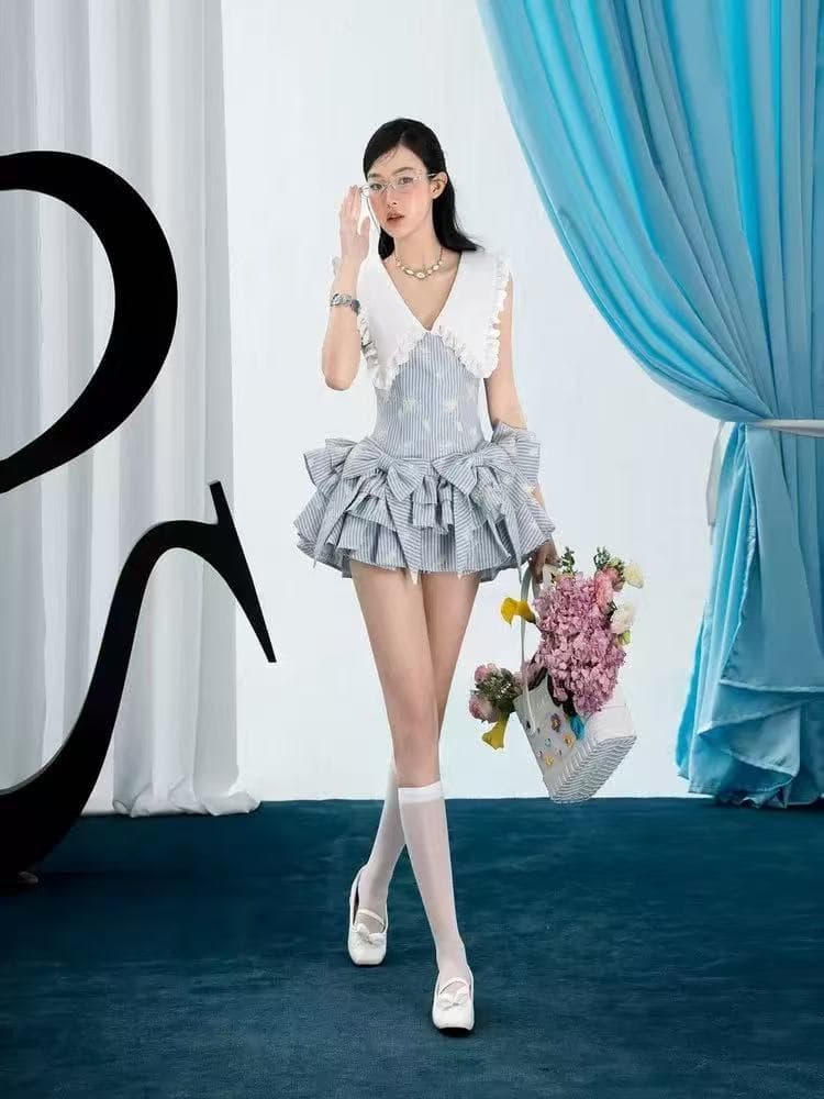소녀 연령 감소 빅 칼라 몸매 가꾸기 스트라이프 나비 매듭 미니 스커트 상세 이미지 2