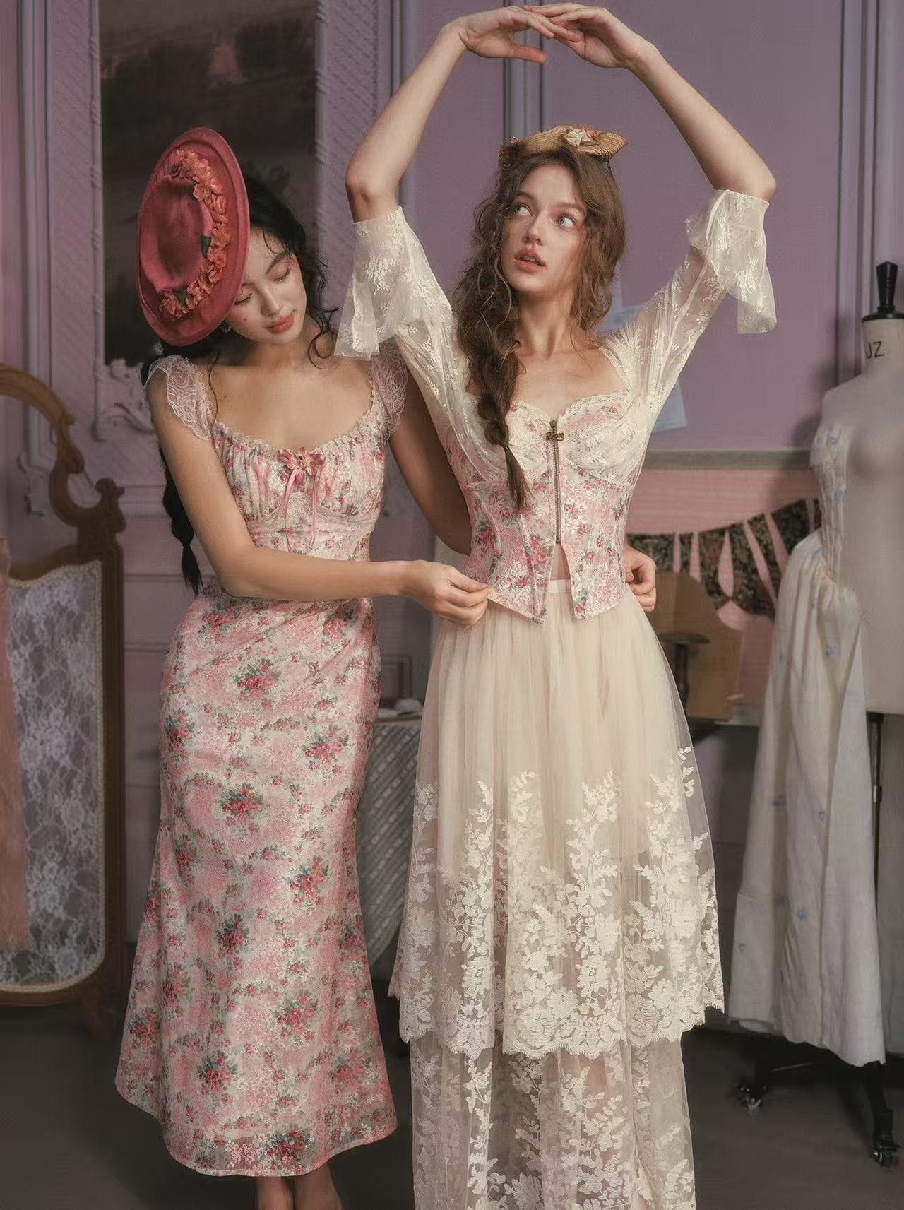 장미 오르골 프랑스식 레트로 낭만주의 프린트 인어 꼬리 스커트 질감 센스 드레스 프린트 치마 이미지 4