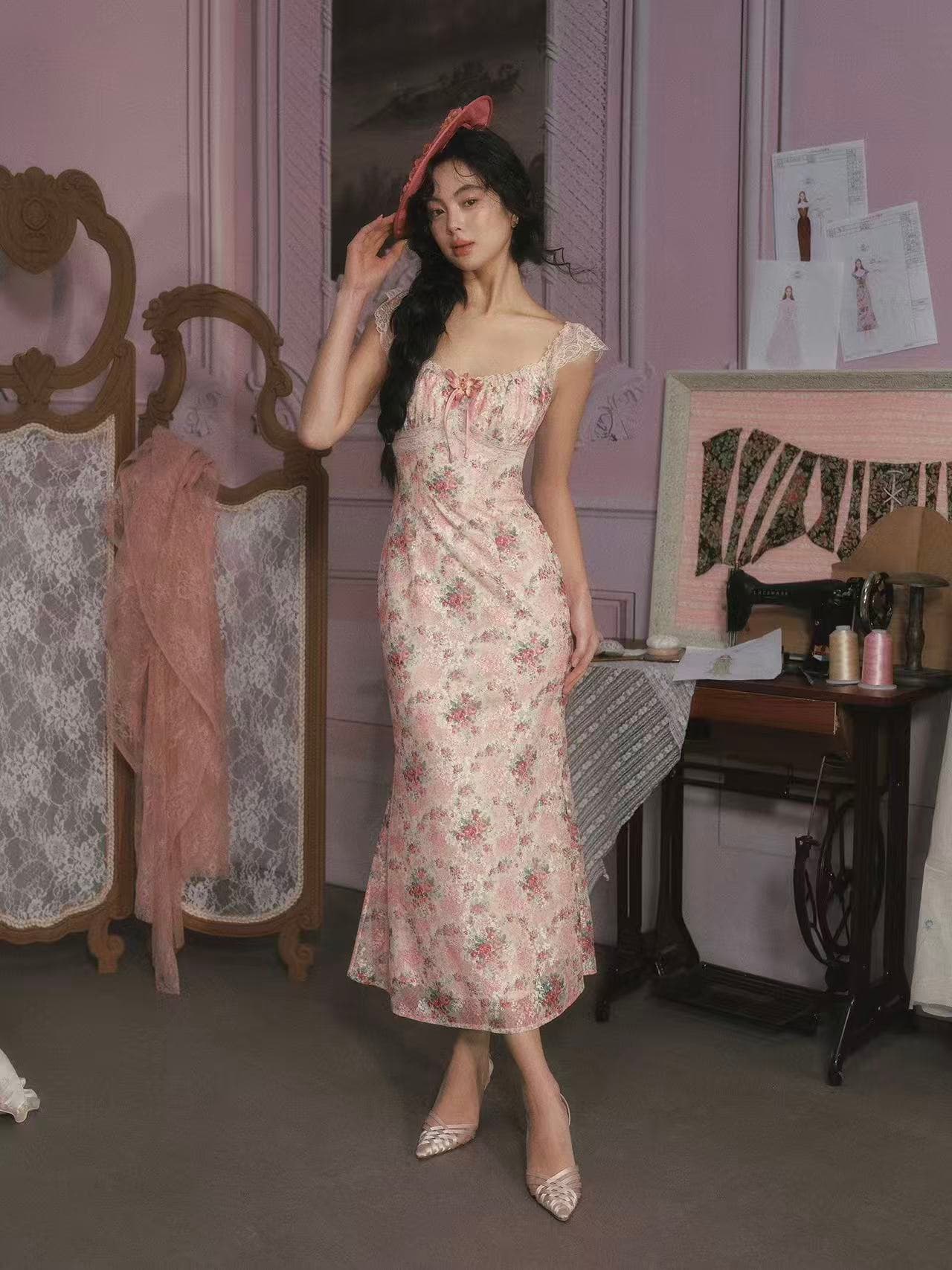 장미 오르골 프랑스식 레트로 낭만주의 프린트 인어 꼬리 스커트 질감 센스 드레스 프린트 치마 상세 이미지 4