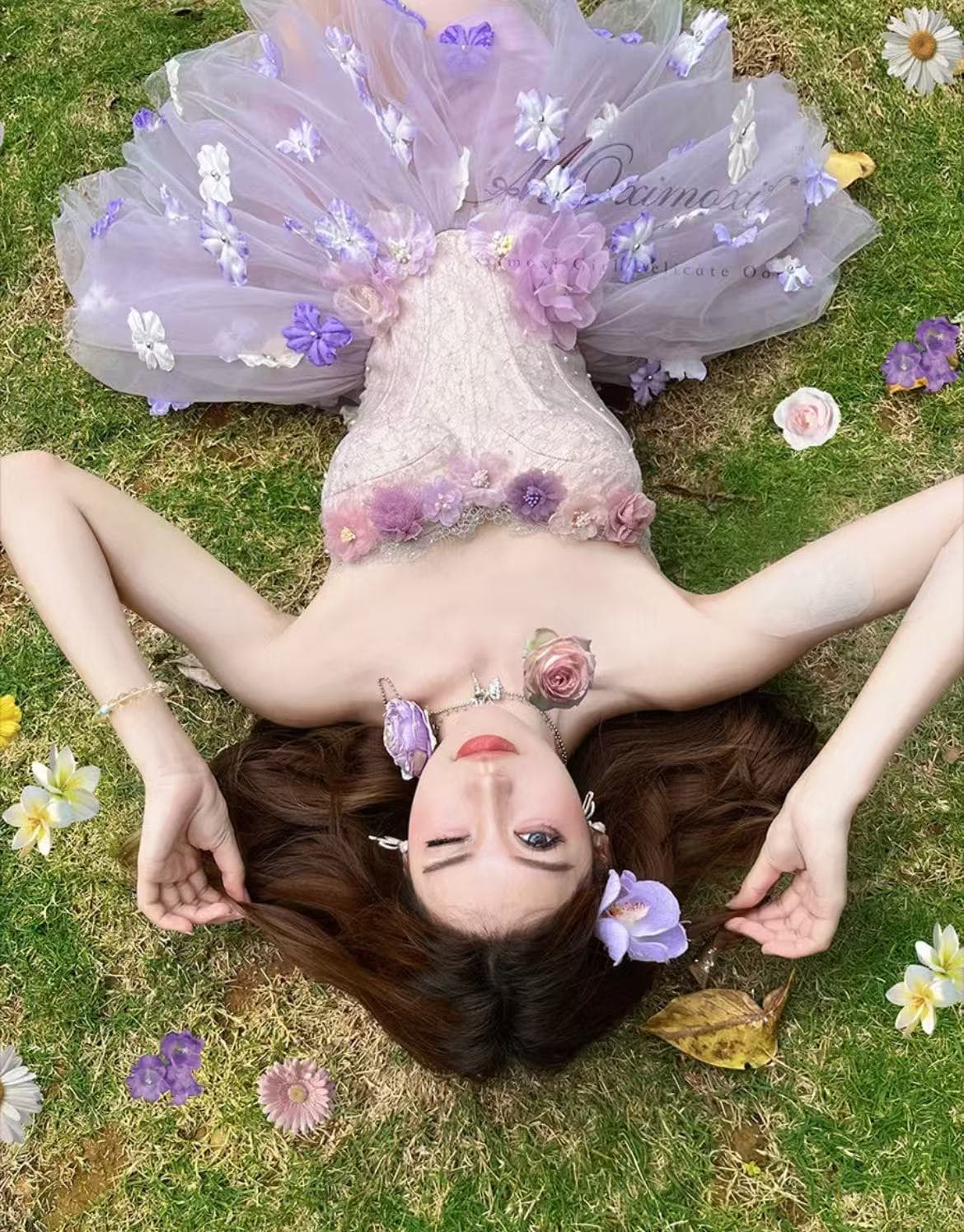 보라색 안개 요정 순수한 욕망 요정 가스 달콤함 3 차원 꽃 생선뼈 허리 수축 한 마디 퍼프 스커트 이미지 4