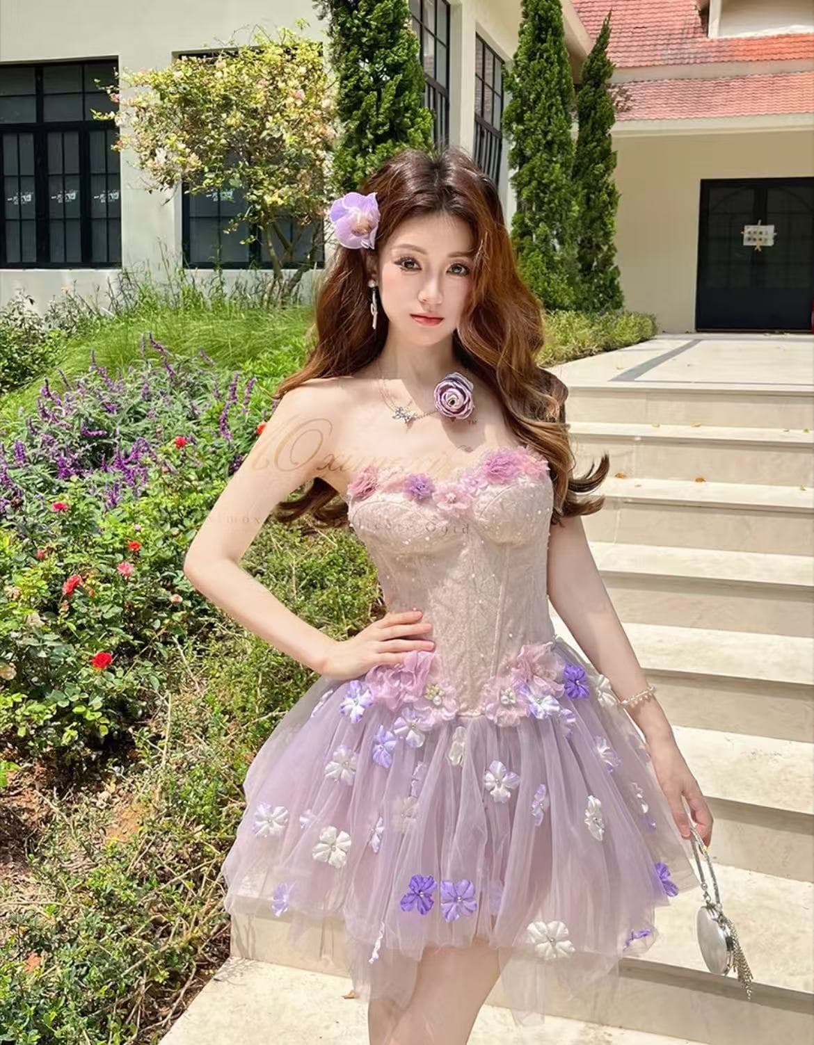 보라색 안개 요정 순수한 욕망 요정 가스 달콤함 3 차원 꽃 생선뼈 허리 수축 한 마디 퍼프 스커트 상세 이미지 3
