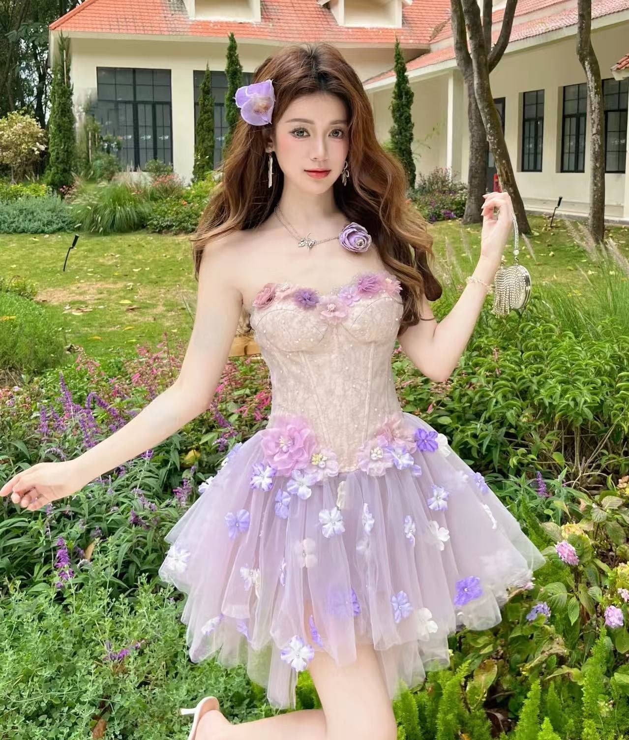 보라색 안개 요정 순수한 욕망 요정 가스 달콤함 3 차원 꽃 생선뼈 허리 수축 한 마디 퍼프 스커트 상세 이미지 4