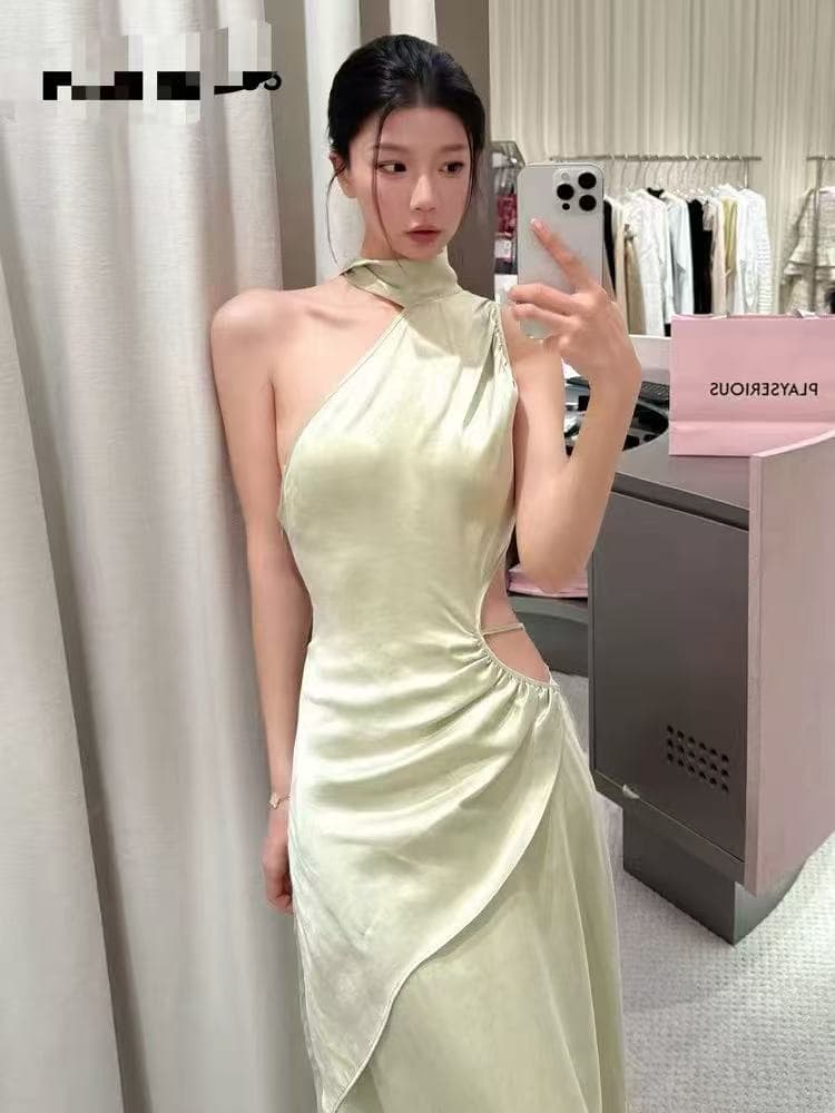 레이스업 칼라 허리 수축 여성 드레스 이미지 3