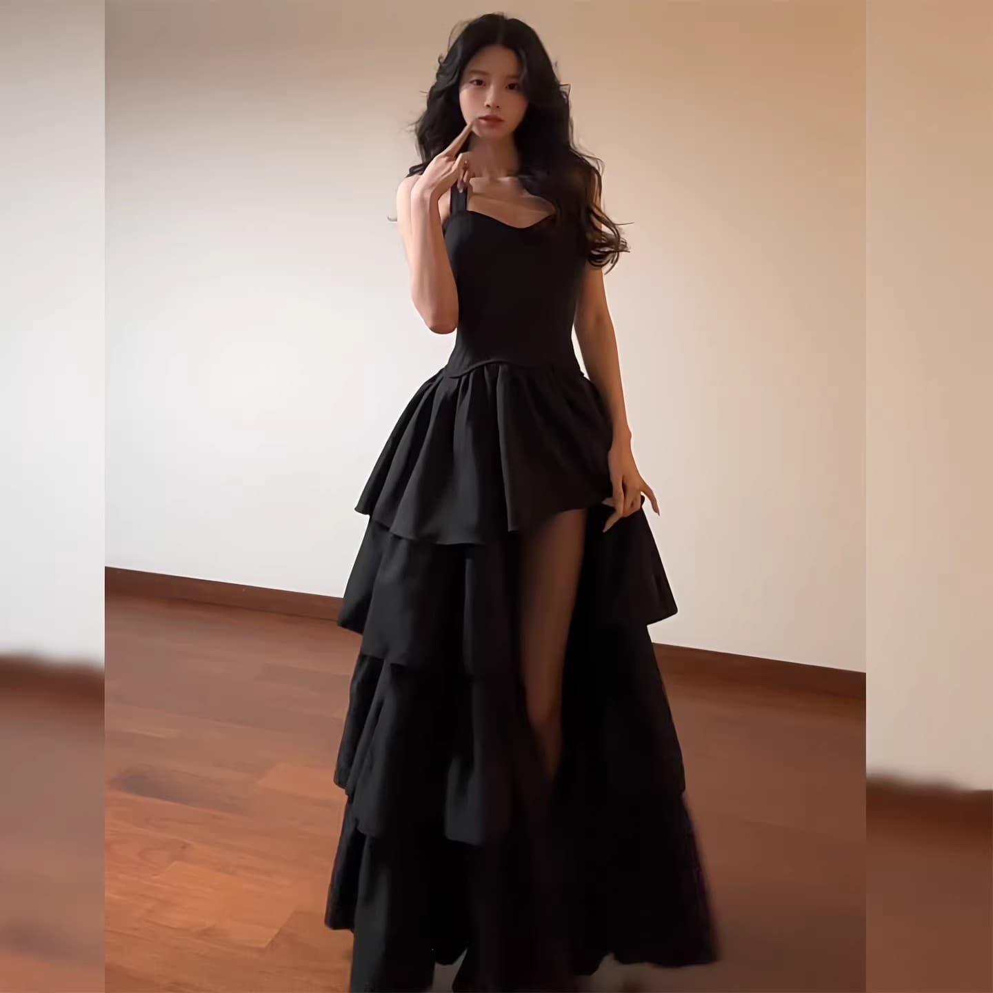 프랑스식 그는 벤 바람 검정색 행침 목 여성 드레스 허리 수축 다중 레이어 케이크 치마 품격 생일 휴가 예복 치마 상세 이미지 3