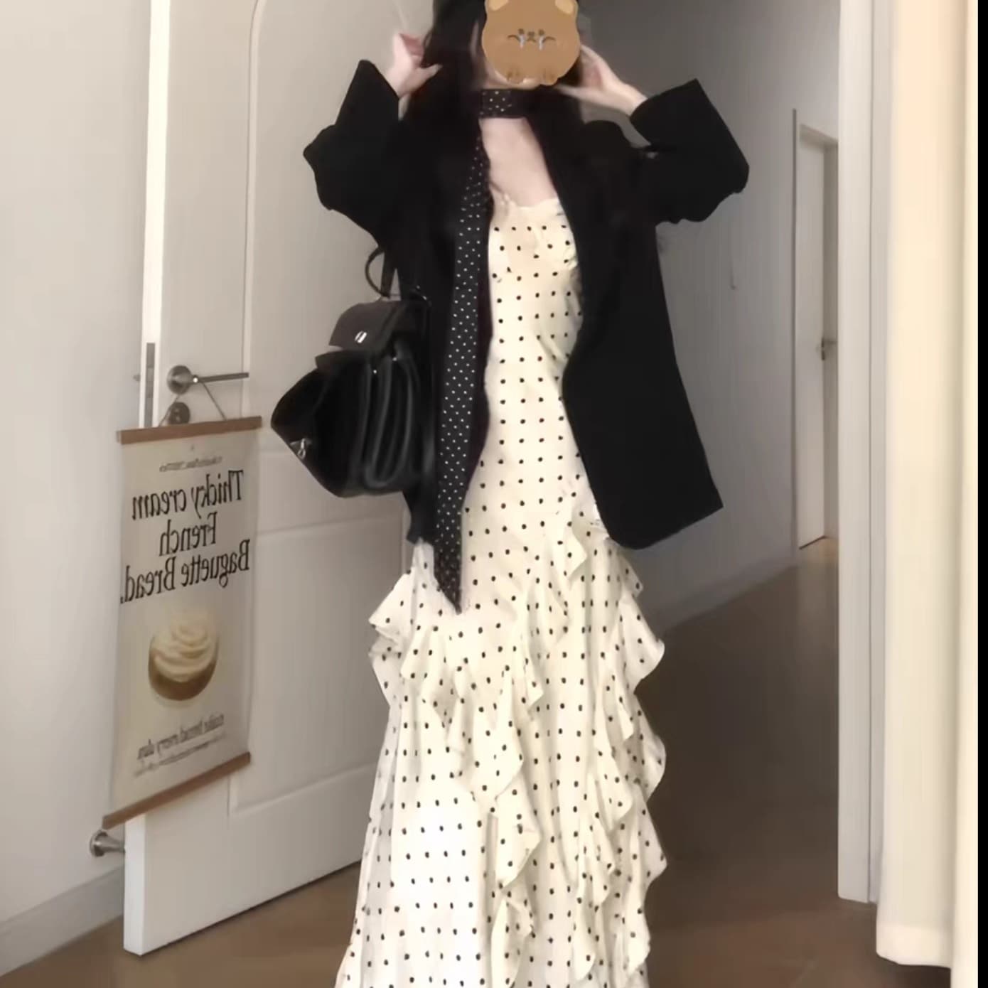 한 부서 출퇴근 바람 검정색 정장 여성 코트 아름다운 불규칙 케이크 도트 무늬 슬립 드레스 투피스 슈트 이미지 3