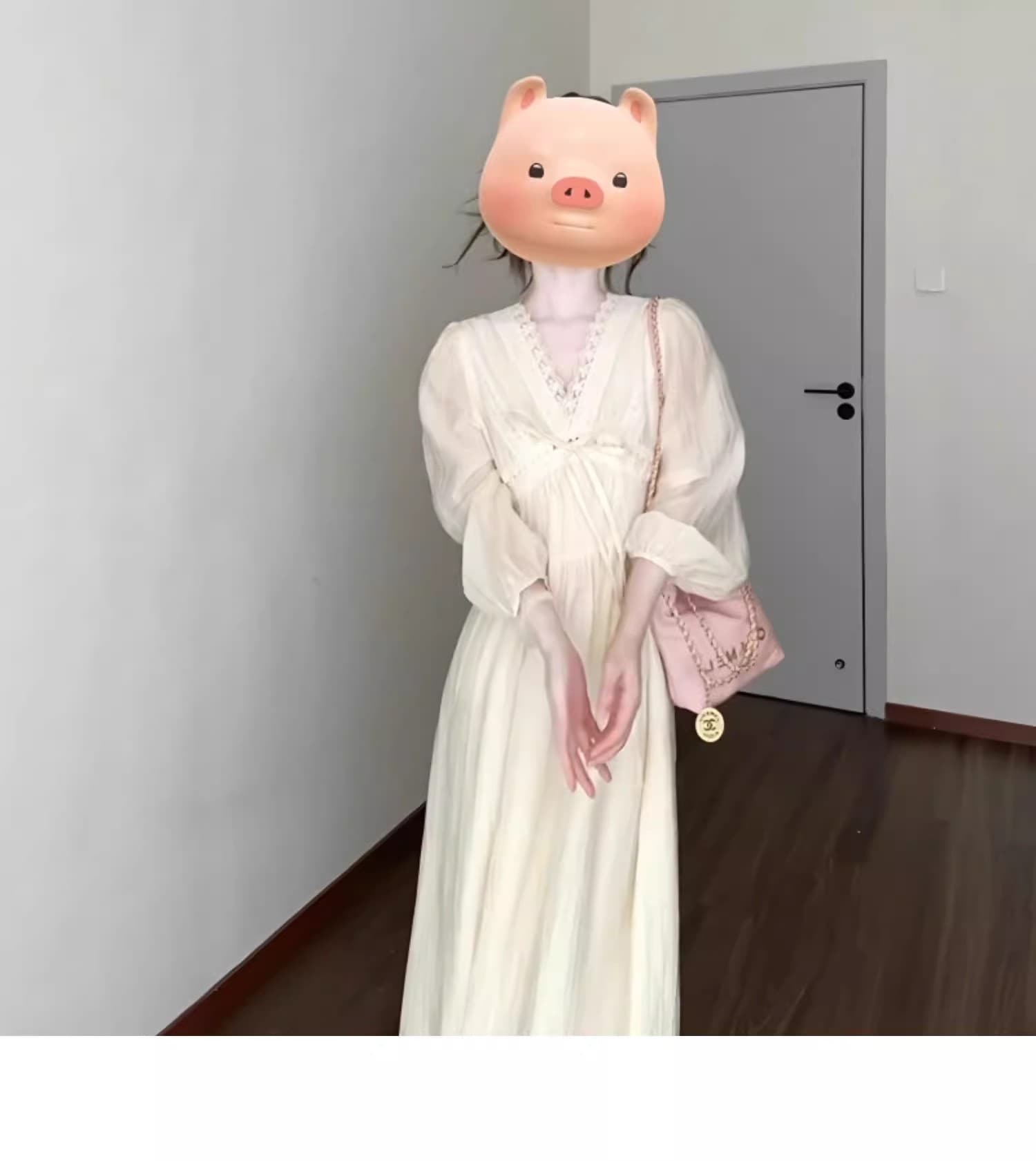 프랑스식 고급 센스 V넥 레이스 여성 드레스 2025 가을 인사이드 가져 가라. 긴팔 치마 화이트 디자인 센스 롱 스커트 이미지 4