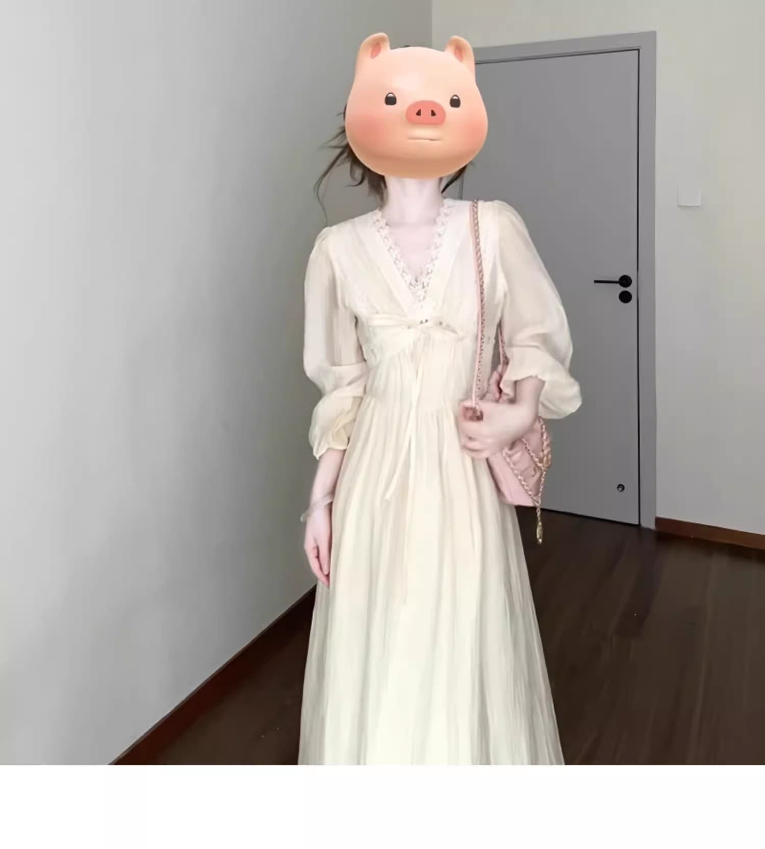프랑스식 고급 센스 V넥 레이스 여성 드레스 2025 가을 인사이드 가져 가라. 긴팔 치마 화이트 디자인 센스 롱 스커트 상세 이미지 1
