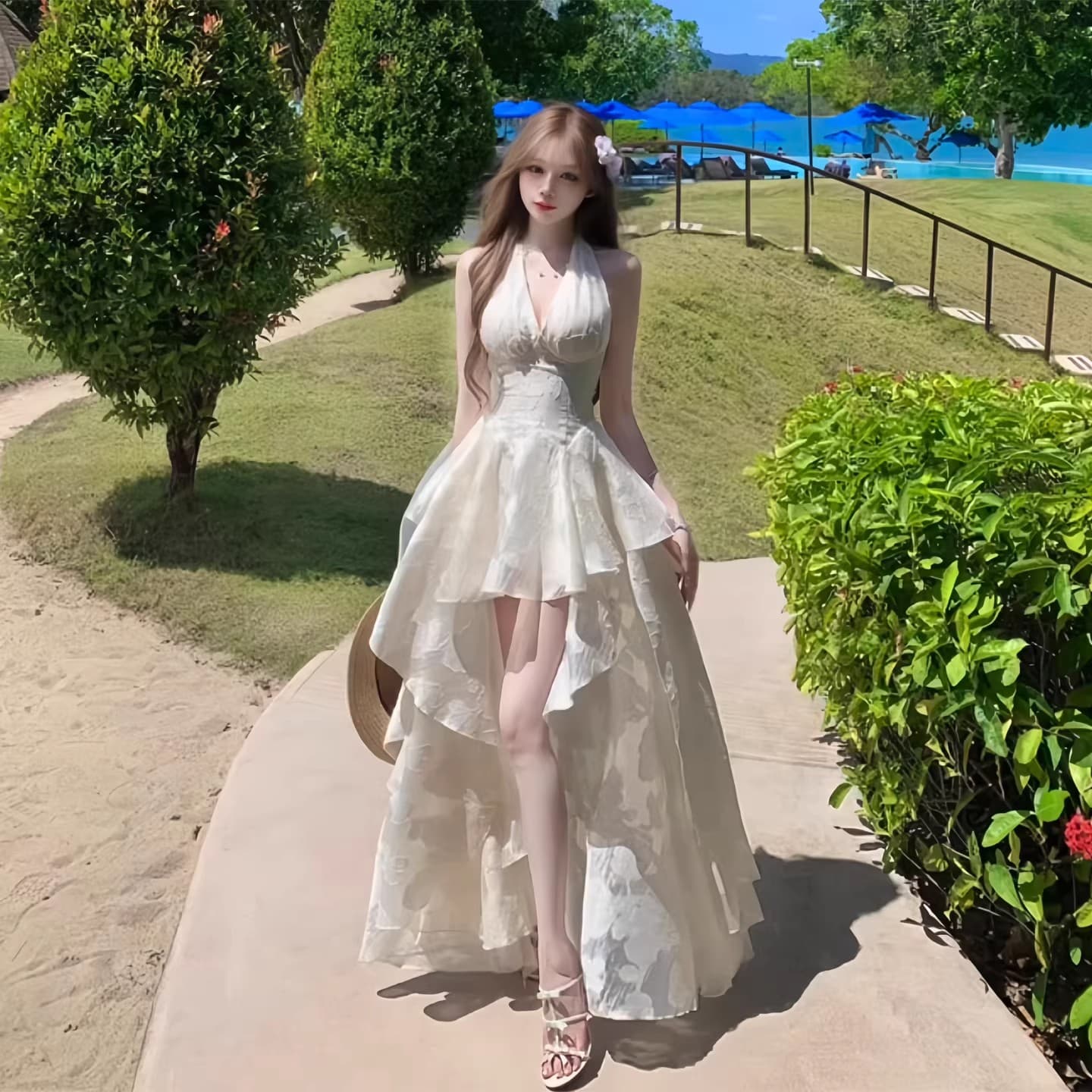프랑스식 고급 센스 허리 수축 휴가 바람 행침 목 여성 드레스 화이트 자카드 불규칙 롱 스커트 품격 요정 치마