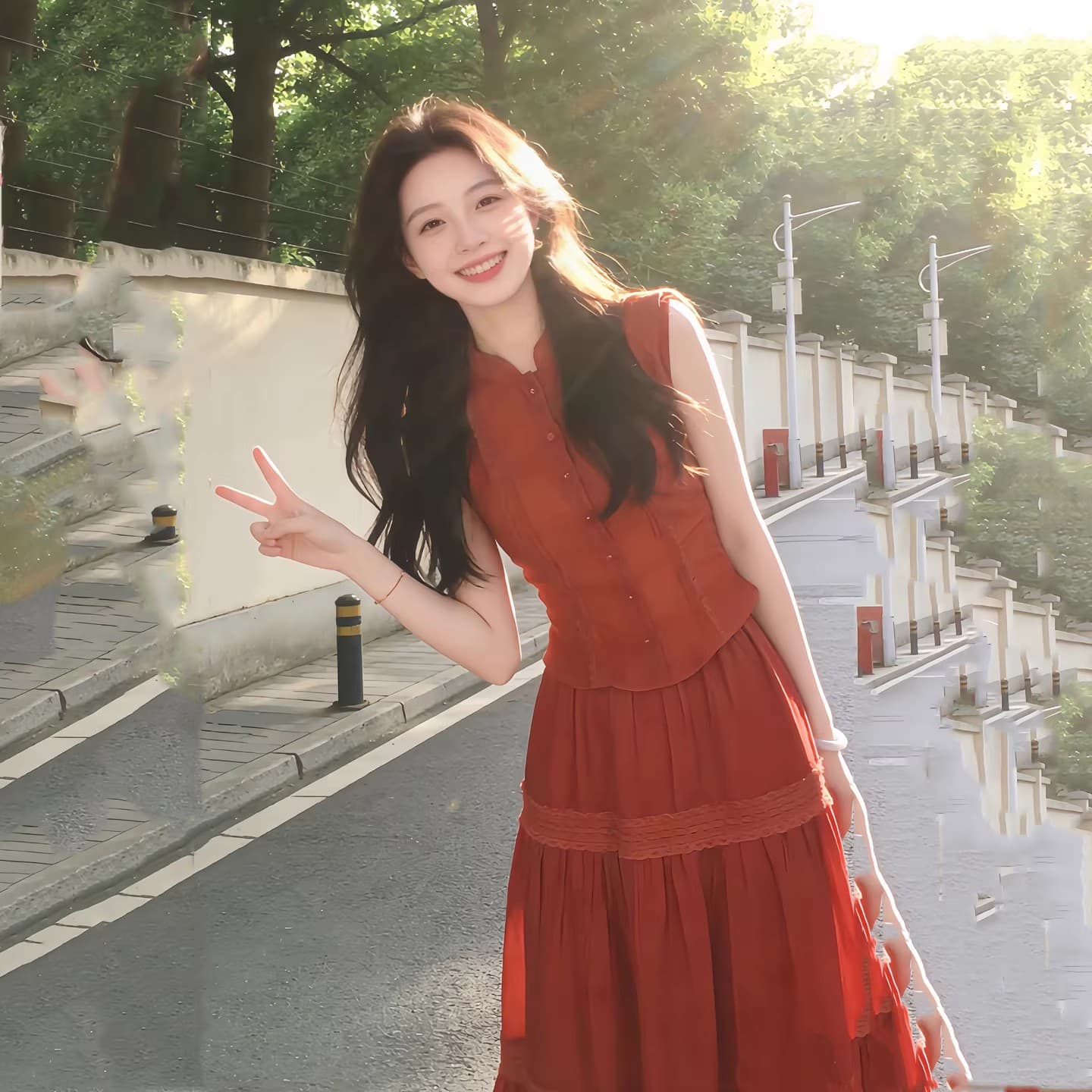 운남 여름 휴가 착용 가져 가라. 아름다운 레트로 빨간색 레이스 세트 드레스 여름 신제품 민소매 맨위 빅 플레어 스커트