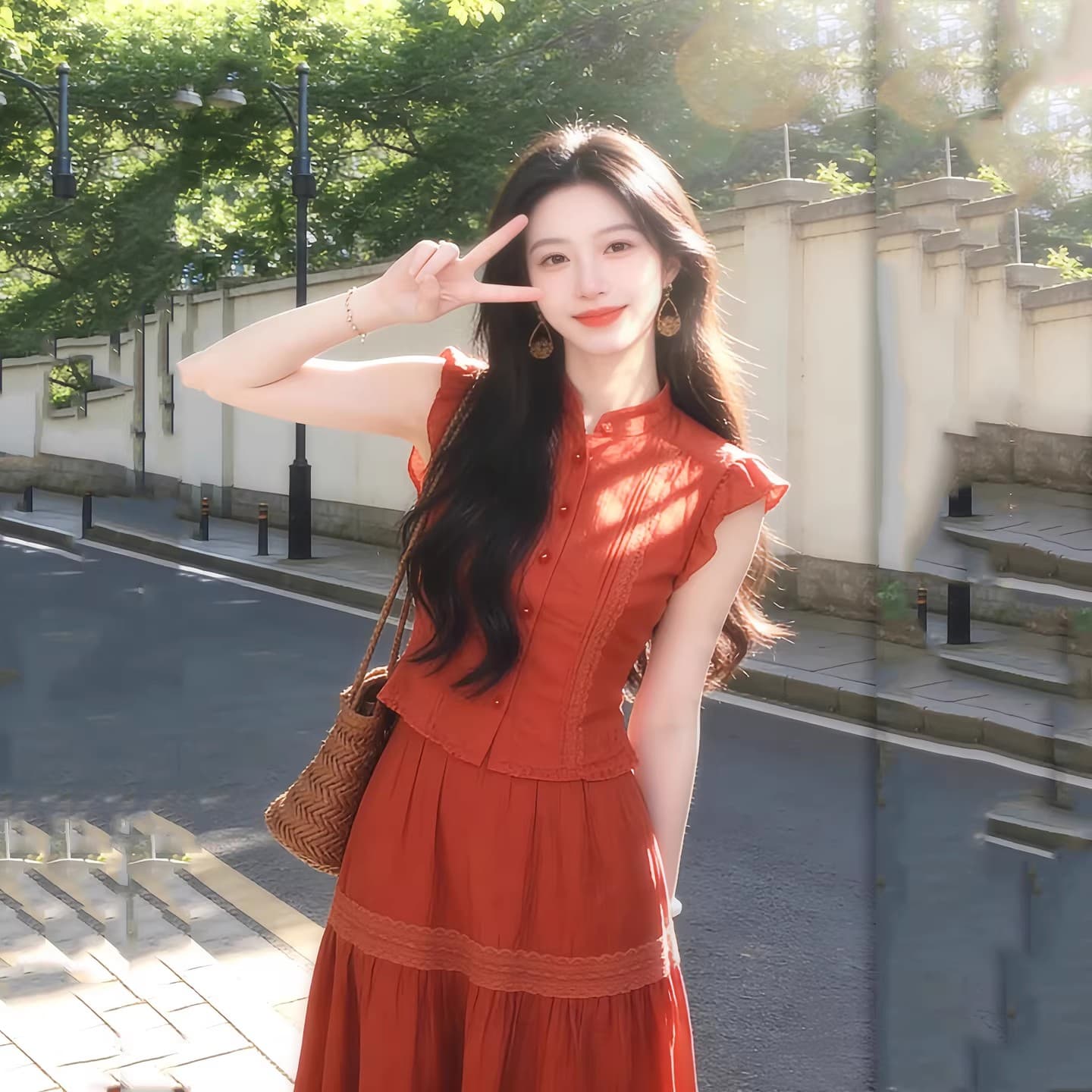 운남 여름 휴가 착용 가져 가라. 아름다운 레트로 빨간색 레이스 세트 드레스 여름 신제품 민소매 맨위 빅 플레어 스커트 이미지 3