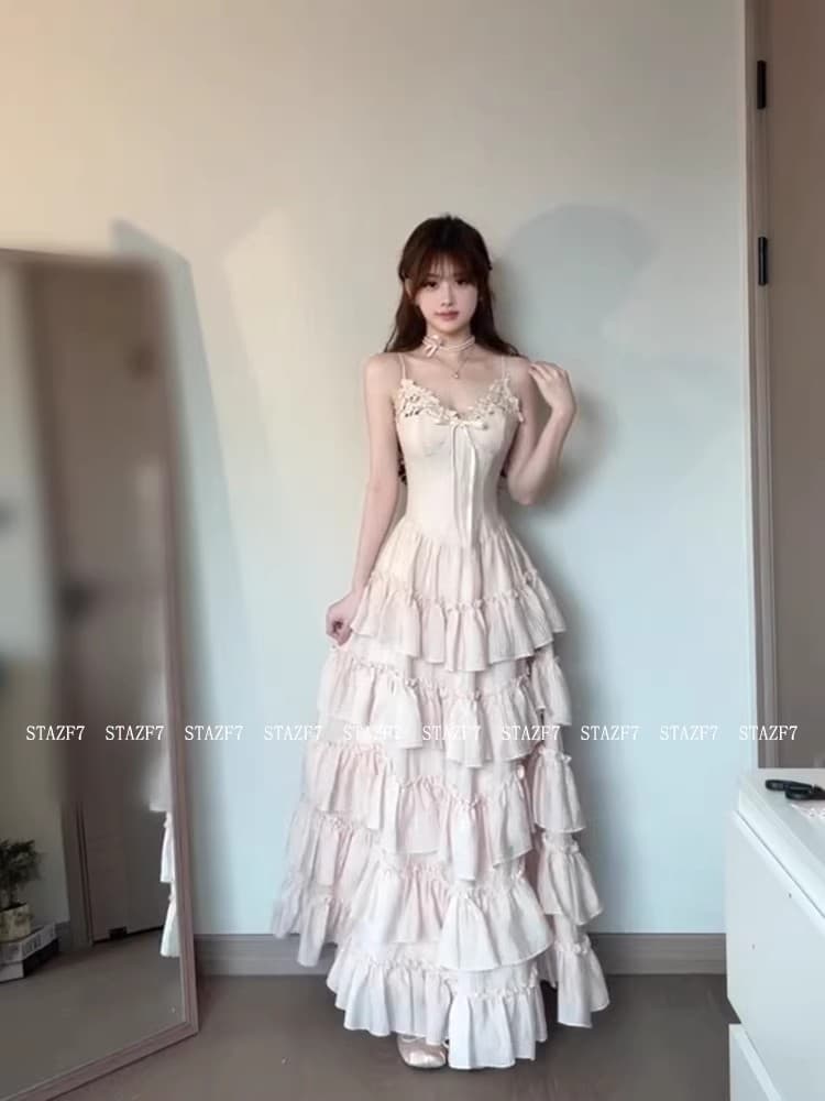 프랑스식 달콤한 핫걸 레이스 슬립 여성 드레스 여름 고급 센스 자이언트 잘 생긴 케이크 드레스 대 치마 스윙 길이 치마 이미지 2