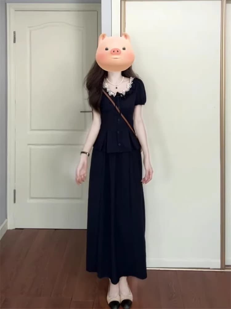 데님 블루 세트 여성 여름 2026 레이스 반팔 셔츠 맨위 허리밴드 반신 스커트 슈퍼 화재 투피스 세트 이미지 3