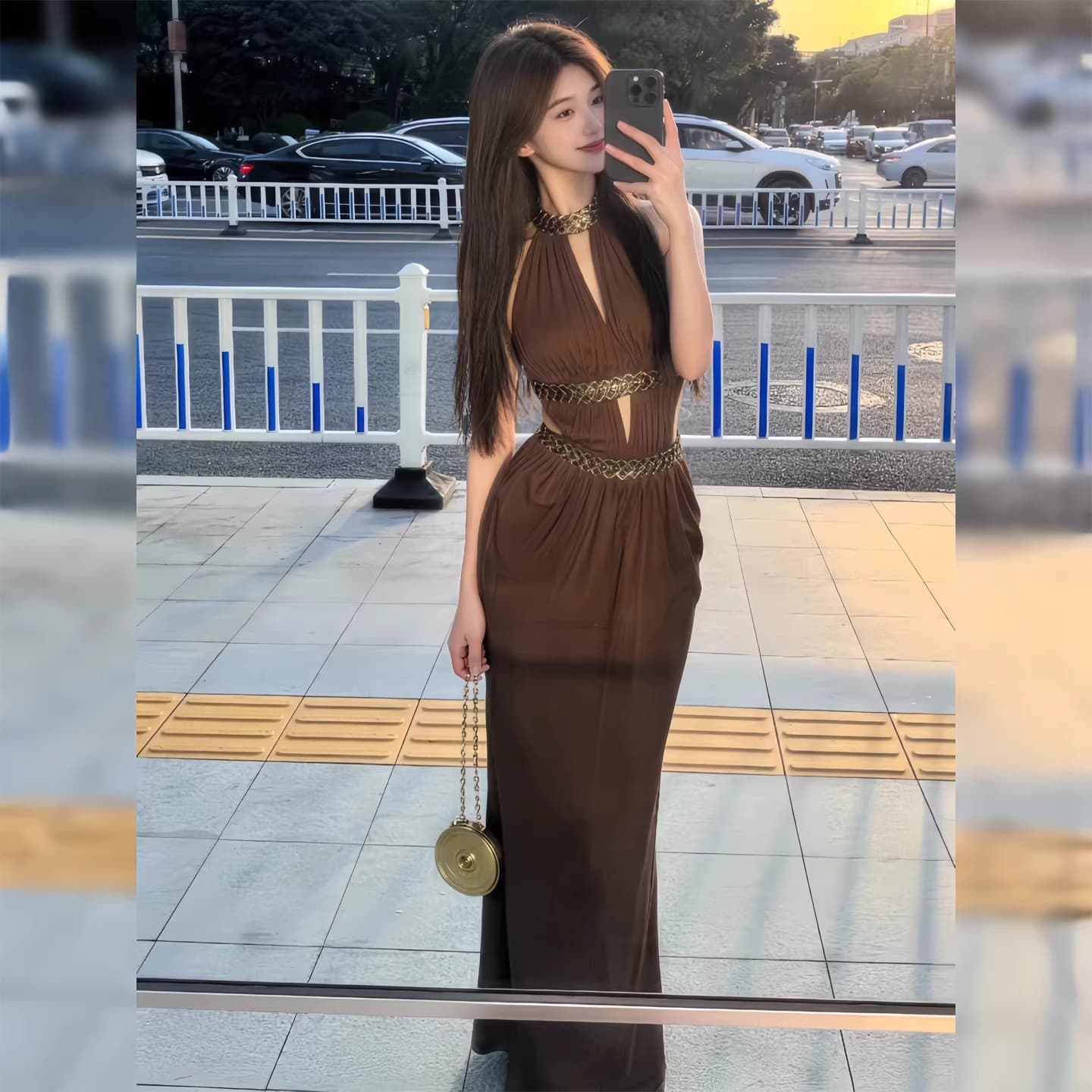 프랑스식 빛 럭셔리 휴가 바람 섹시함 행침 목 여성 드레스 여름 몸매 가꾸기 허리 수축 다이아몬드 세팅 홀로우 아웃 품격 예복 롱 스커트