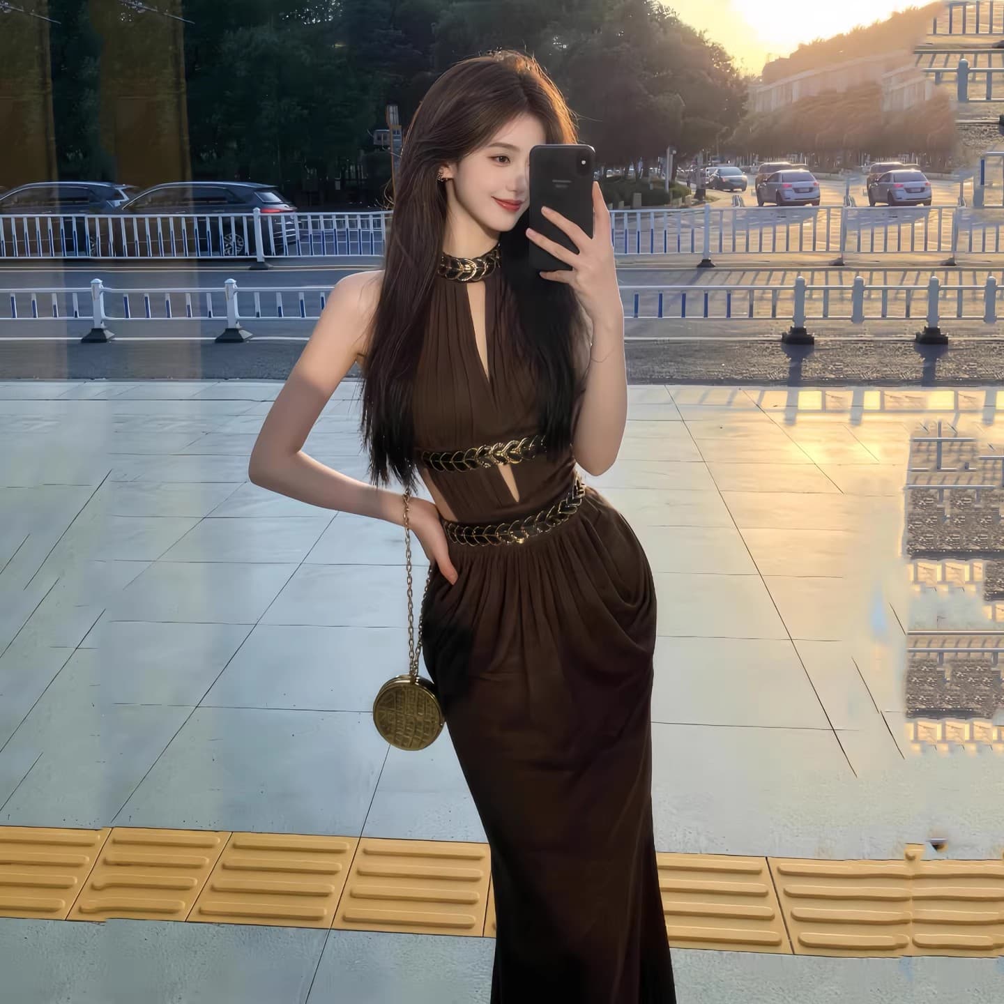 프랑스식 빛 럭셔리 휴가 바람 섹시함 행침 목 여성 드레스 여름 몸매 가꾸기 허리 수축 다이아몬드 세팅 홀로우 아웃 품격 예복 롱 스커트 이미지 4