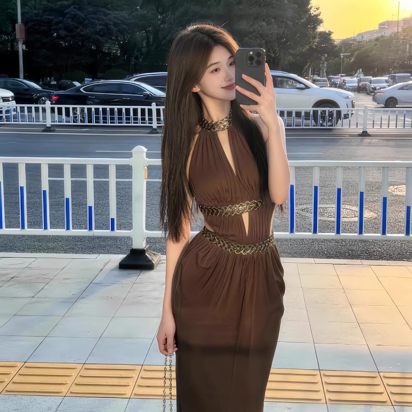 프랑스식 빛 럭셔리 휴가 바람 섹시함 행침 목 여성 드레스 여름 몸매 가꾸기 허리 수축 다이아몬드 세팅 홀로우 아웃 품격 예복 롱 스커트 상세 이미지 3