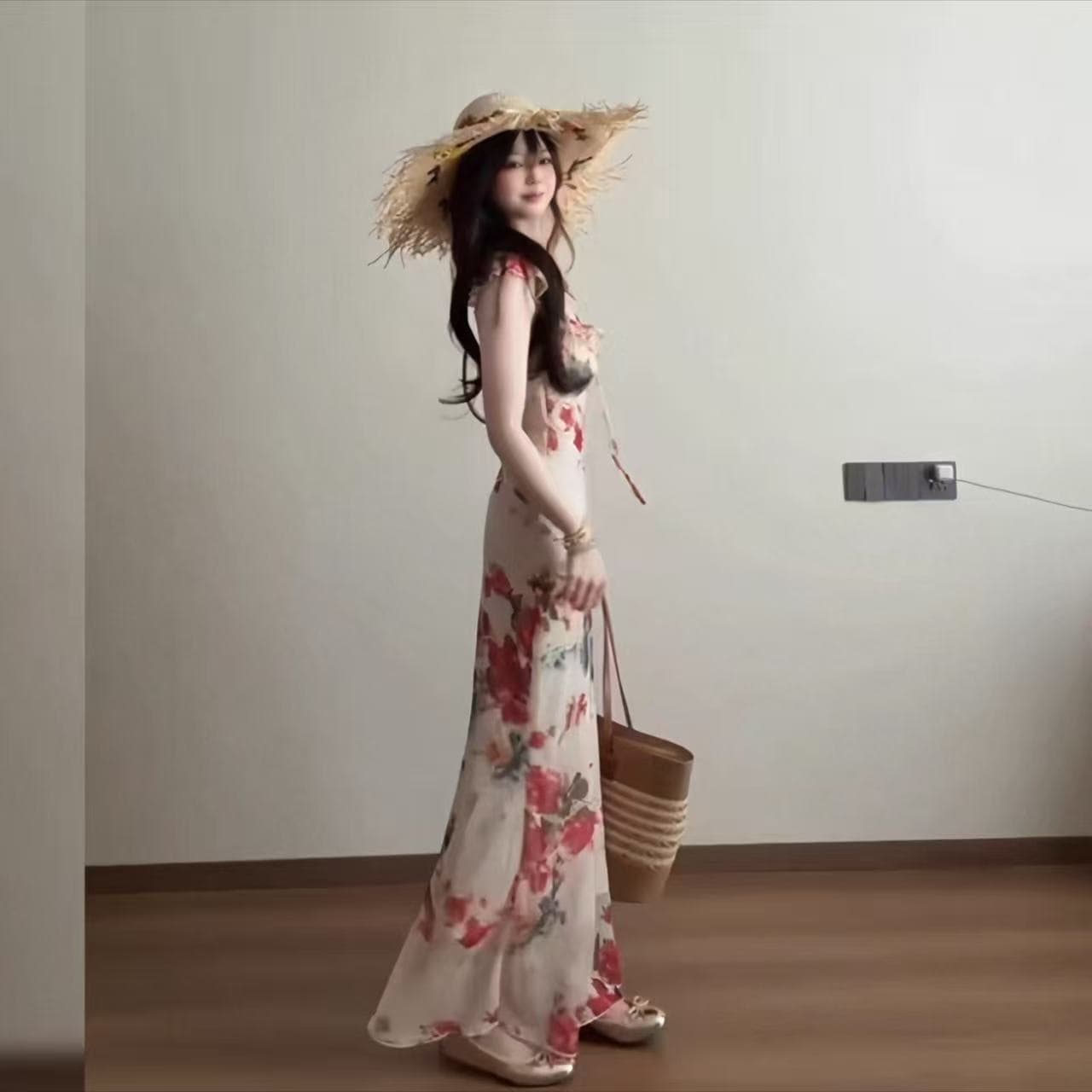 프랑스식 부드러운 바람 쉬폰 꽃무늬 V넥 슬립 여성 드레스 여름 섬 휴가 바람 몸매 가꾸기 허리 수축 롱 스커트 이미지 2