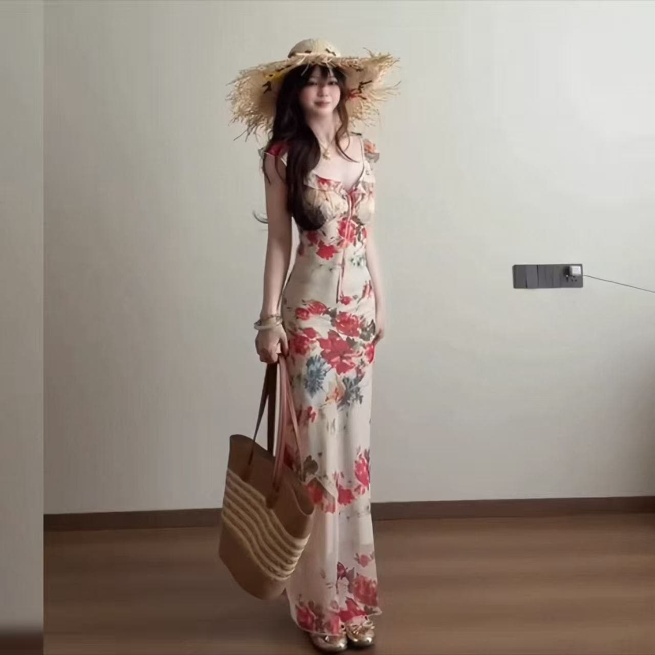 프랑스식 부드러운 바람 쉬폰 꽃무늬 V넥 슬립 여성 드레스 여름 섬 휴가 바람 몸매 가꾸기 허리 수축 롱 스커트 상세 이미지 1