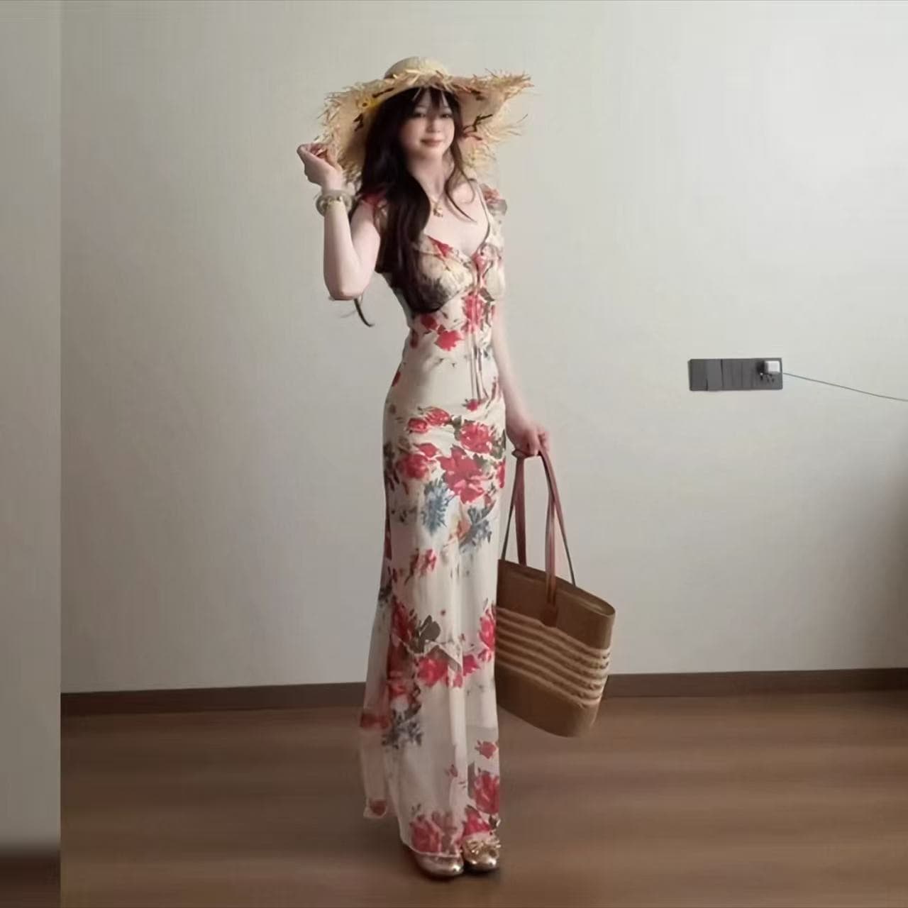 프랑스식 부드러운 바람 쉬폰 꽃무늬 V넥 슬립 여성 드레스 여름 섬 휴가 바람 몸매 가꾸기 허리 수축 롱 스커트 상세 이미지 3