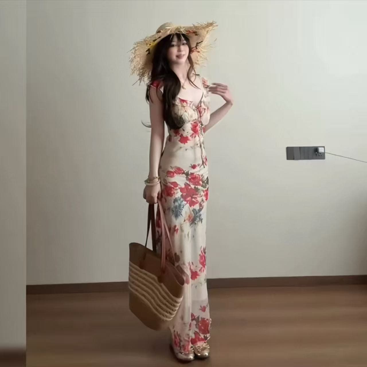 프랑스식 부드러운 바람 쉬폰 꽃무늬 V넥 슬립 여성 드레스 여름 섬 휴가 바람 몸매 가꾸기 허리 수축 롱 스커트 상세 이미지 4