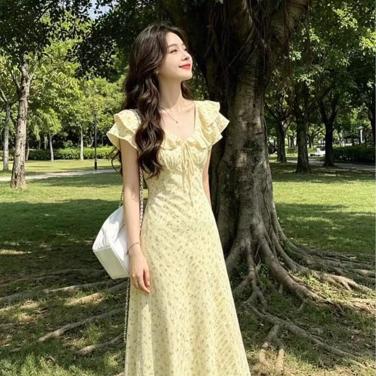 프랑스식 황색 꽃무늬 드레스 아이들 여름 2026 새로운 작은 키 날다 소매 허리 수축 해변가 휴가 롱 스커트 상세 이미지 2