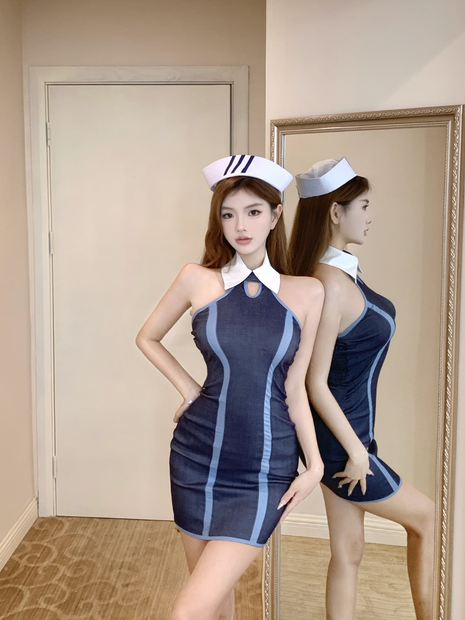 실사 신축성 모방 데님 타이트 타이트 스커트 폴로 칼라 민소매 핫걸 패션 여성 드레스 상세 이미지 2