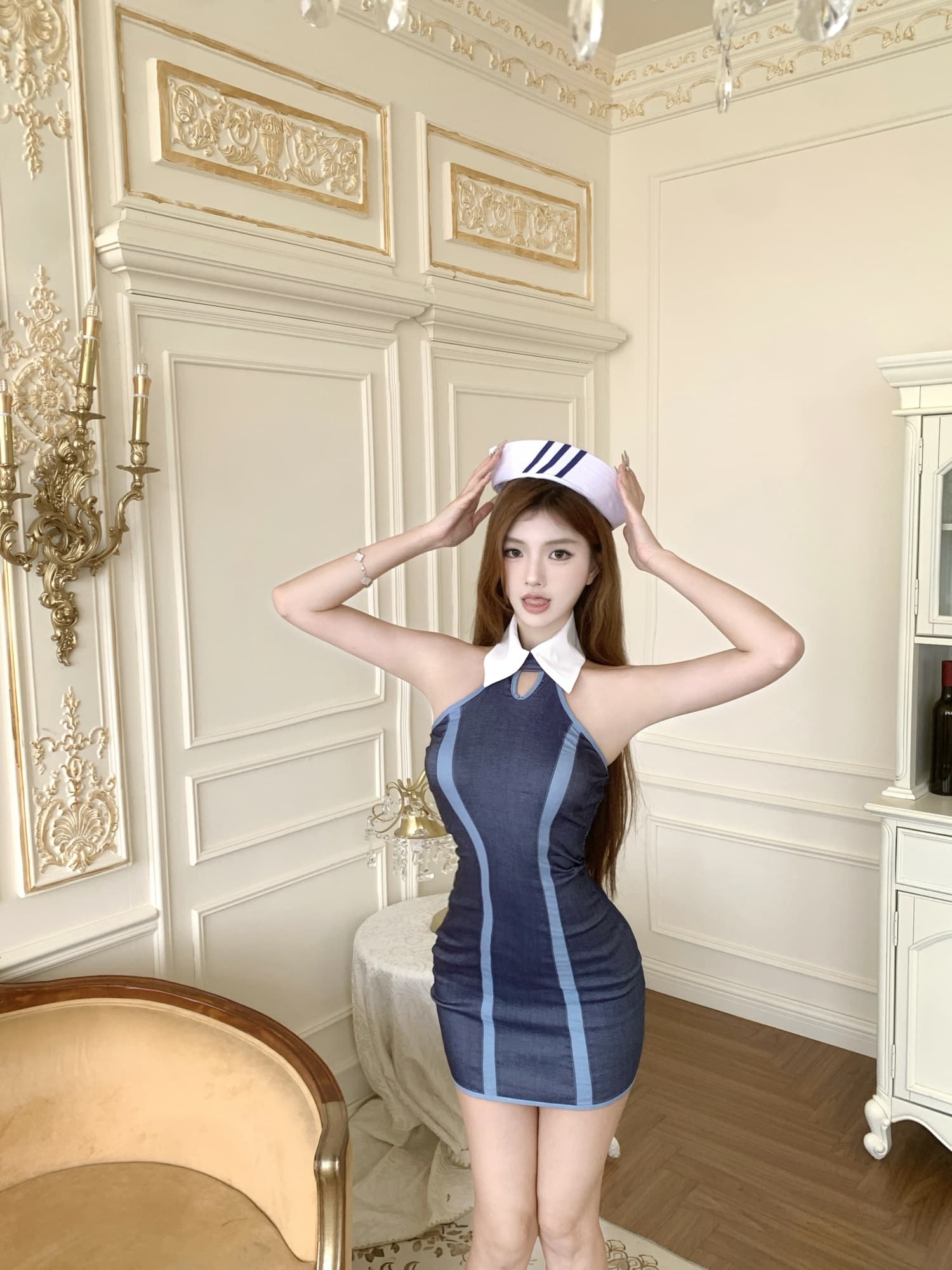 실사 신축성 모방 데님 타이트 타이트 스커트 폴로 칼라 민소매 핫걸 패션 여성 드레스 상세 이미지 12