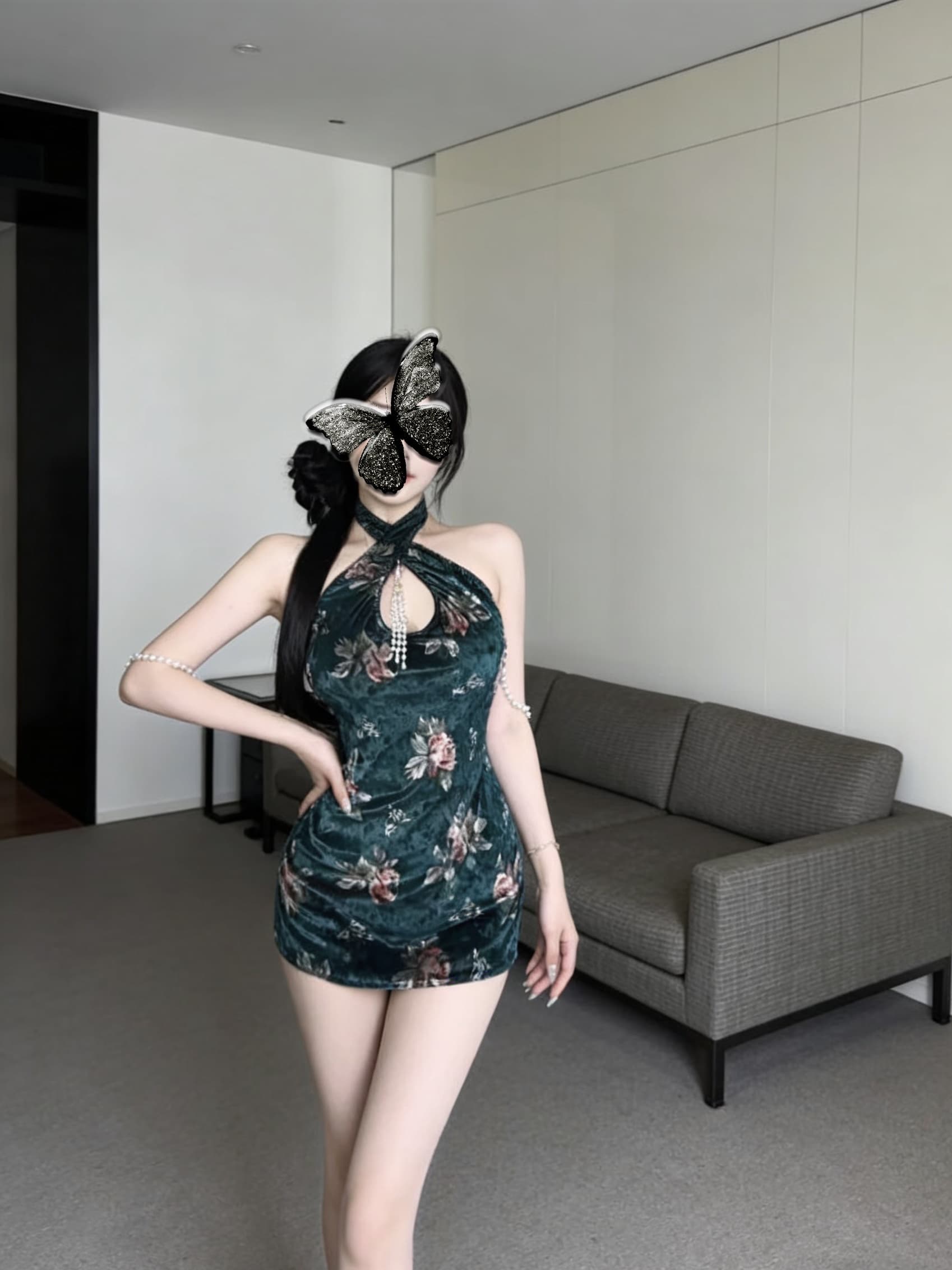 실사 섹시함 핫걸 민소매 벨벳 프린트 체인 장식 몸매 가꾸기 타이트 스커트 초단 여성 드레스 상세 이미지 5
