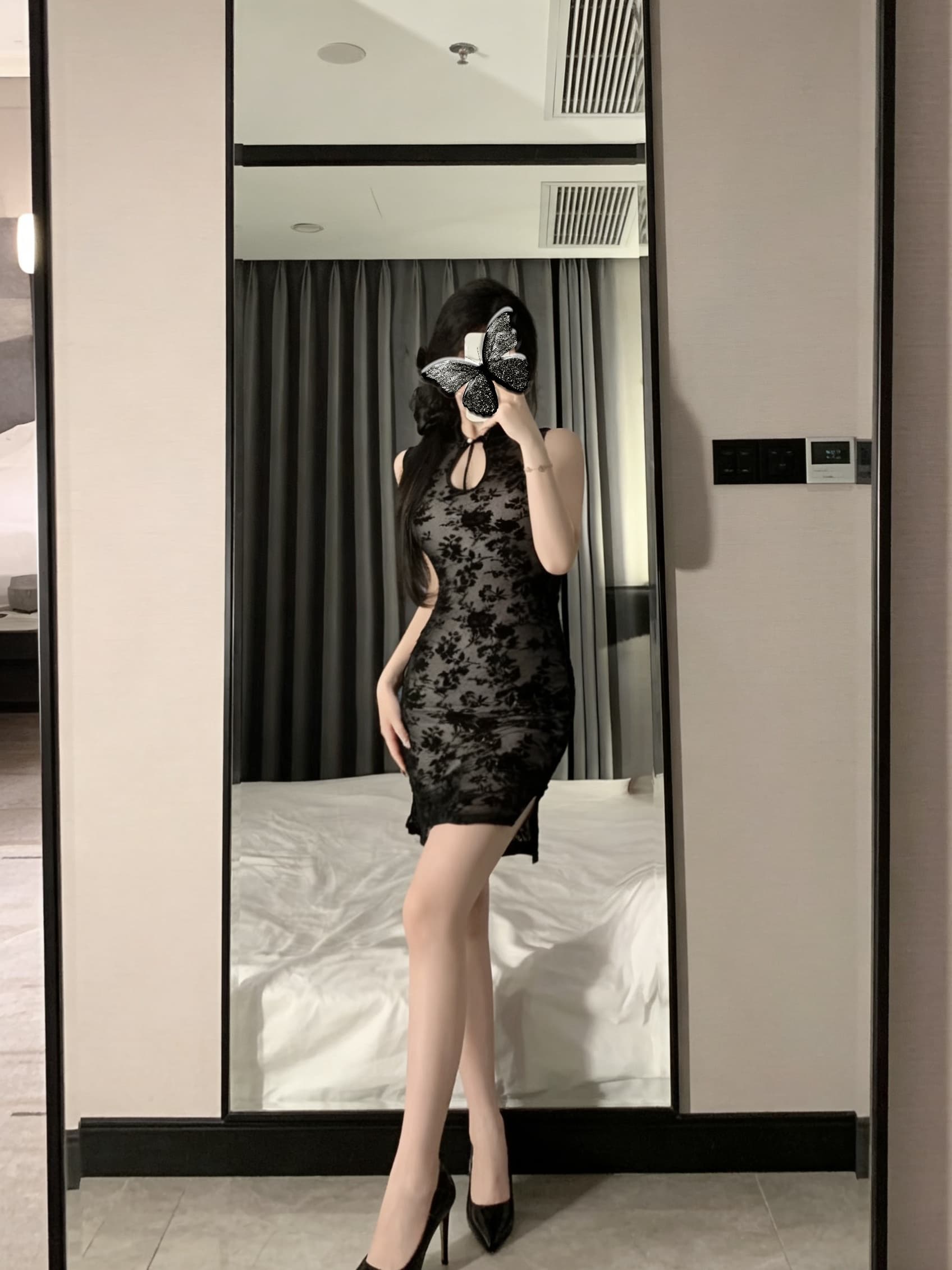 실사 레트로 패션 민소매 치파오 중간 길이 몸매 가꾸기 타이트 스커트 이중층 식물 플러시 섹시함 핫걸 여성 드레스 이미지 2