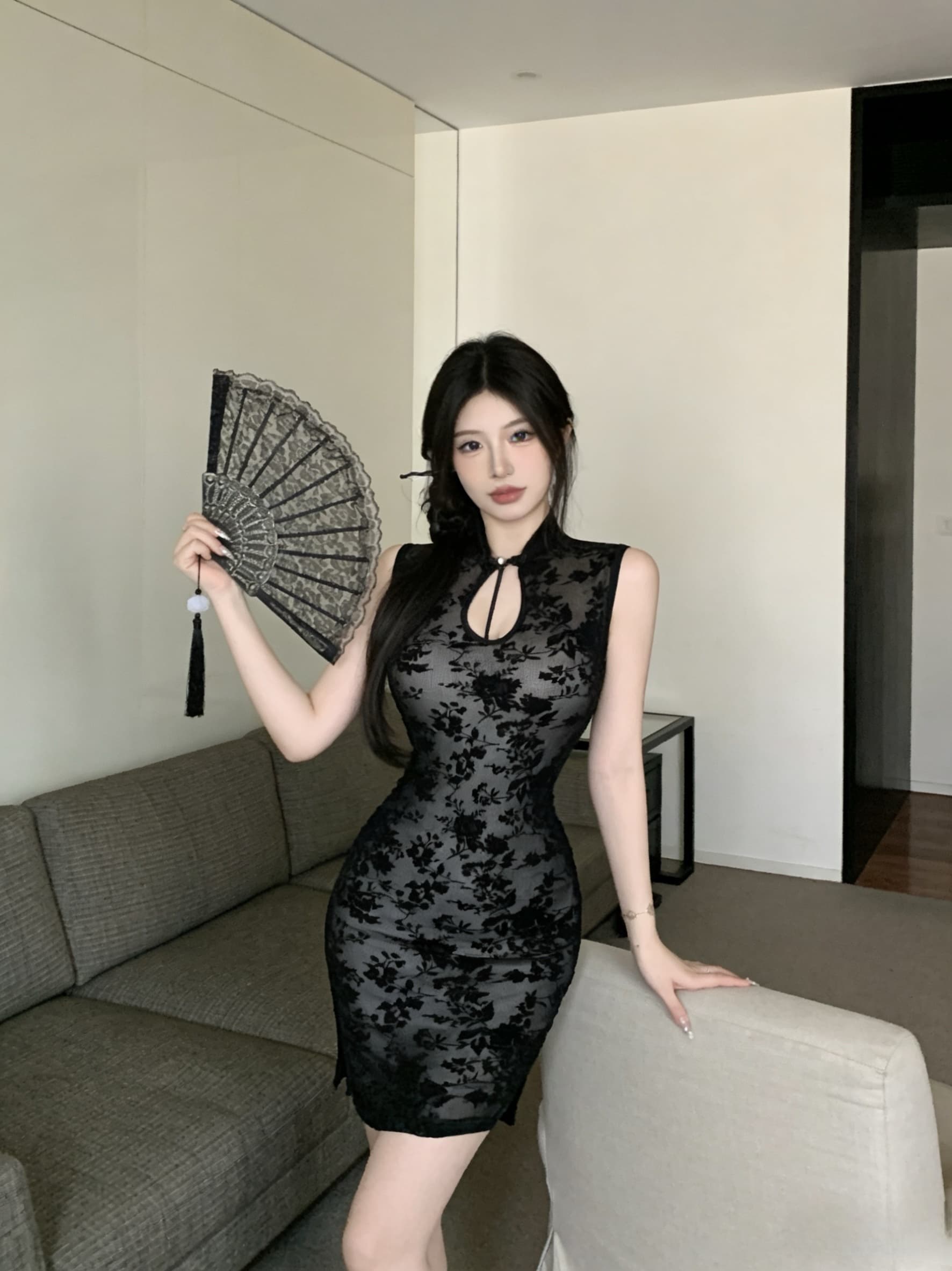 실사 레트로 패션 민소매 치파오 중간 길이 몸매 가꾸기 타이트 스커트 이중층 식물 플러시 섹시함 핫걸 여성 드레스 상세 이미지 1