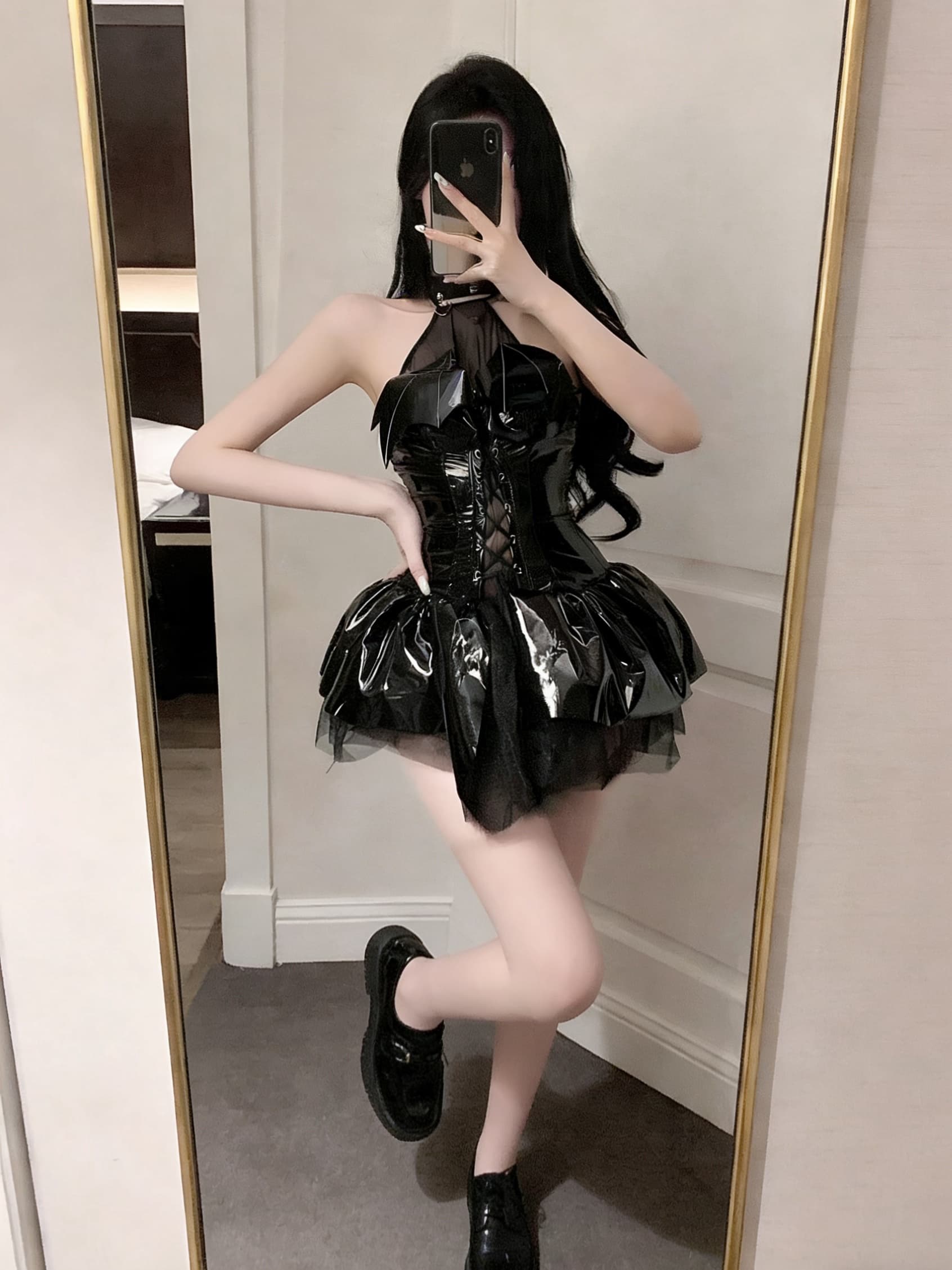 실사 핫걸 다크 부서 행침 목 레이스업 초단 백리스 드레스 모조 가죽 패션 여성 이미지 2