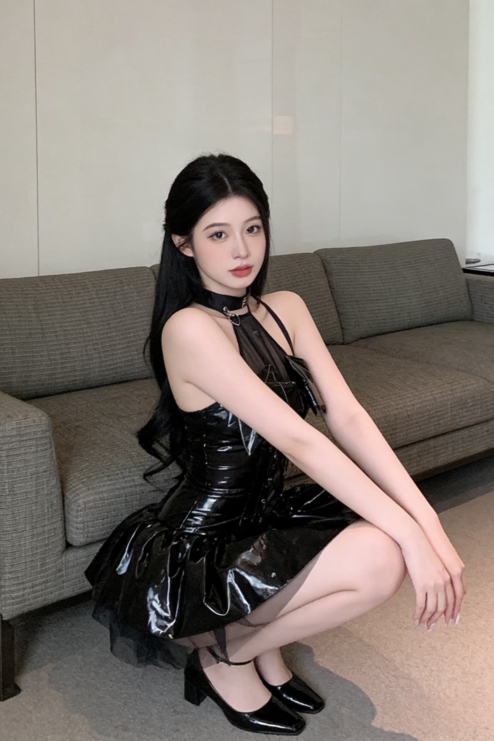 실사 핫걸 다크 부서 행침 목 레이스업 초단 백리스 드레스 모조 가죽 패션 여성 이미지 6