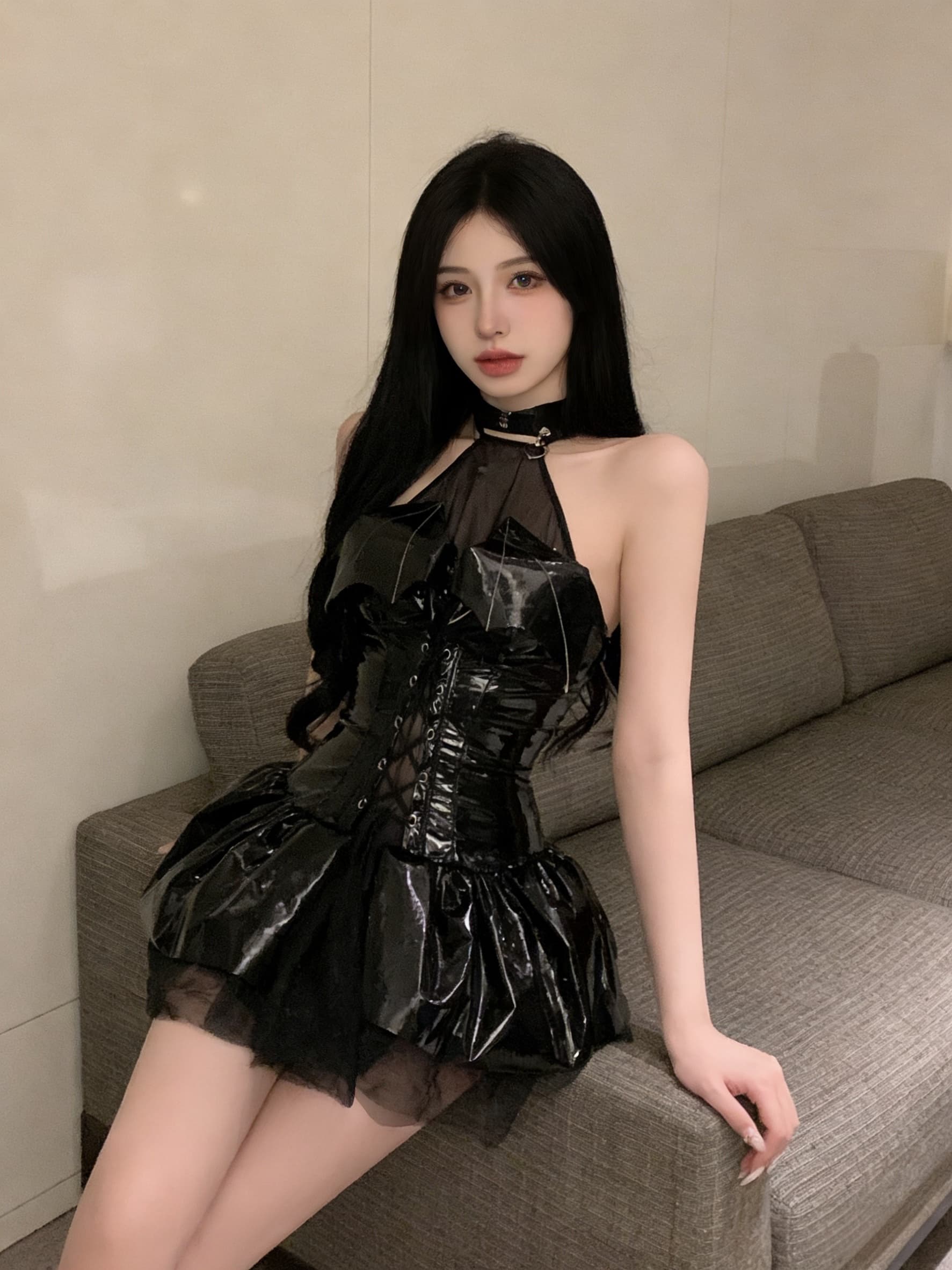 실사 핫걸 다크 부서 행침 목 레이스업 초단 백리스 드레스 모조 가죽 패션 여성 상세 이미지 2