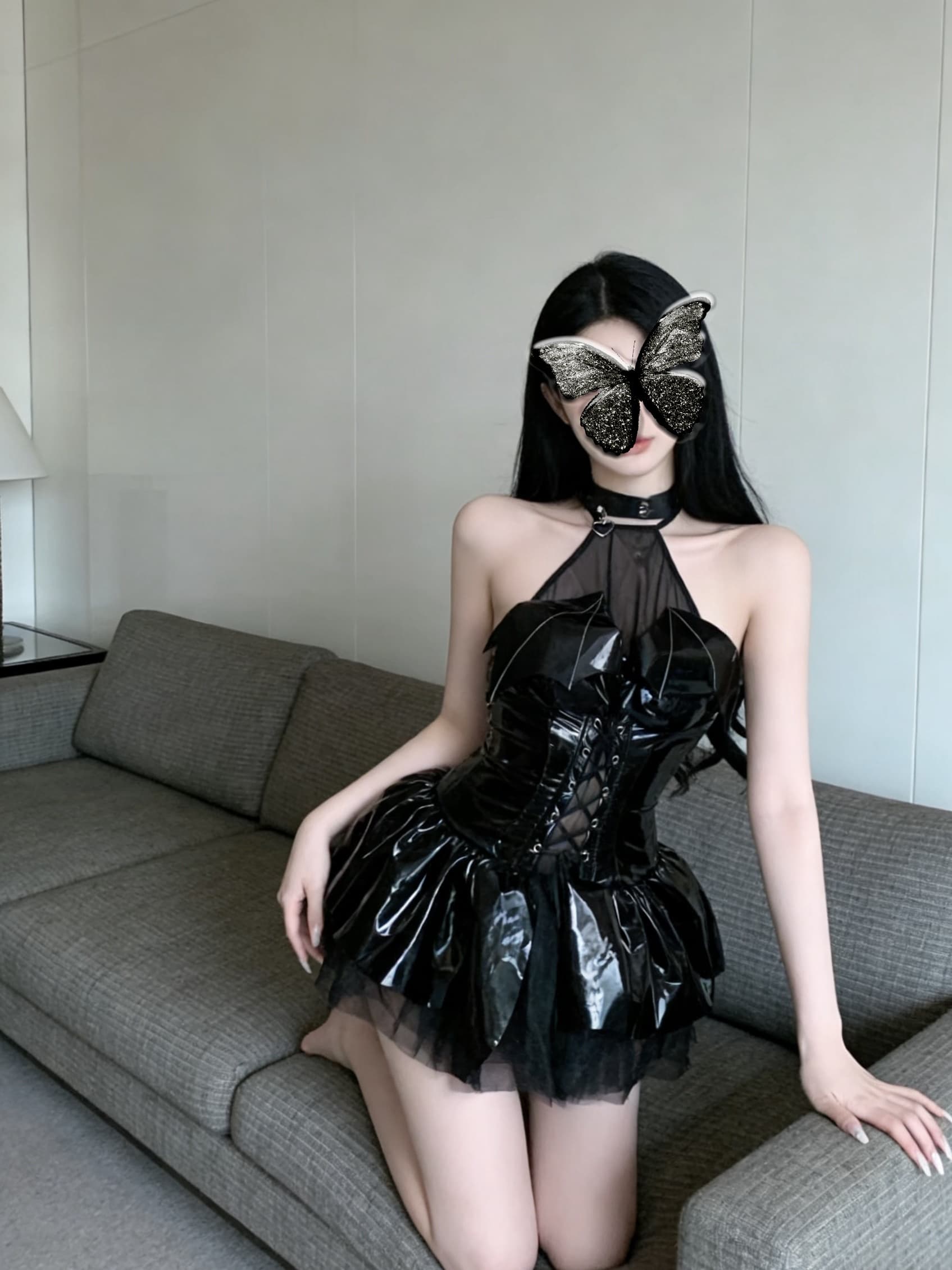 실사 핫걸 다크 부서 행침 목 레이스업 초단 백리스 드레스 모조 가죽 패션 여성 상세 이미지 3