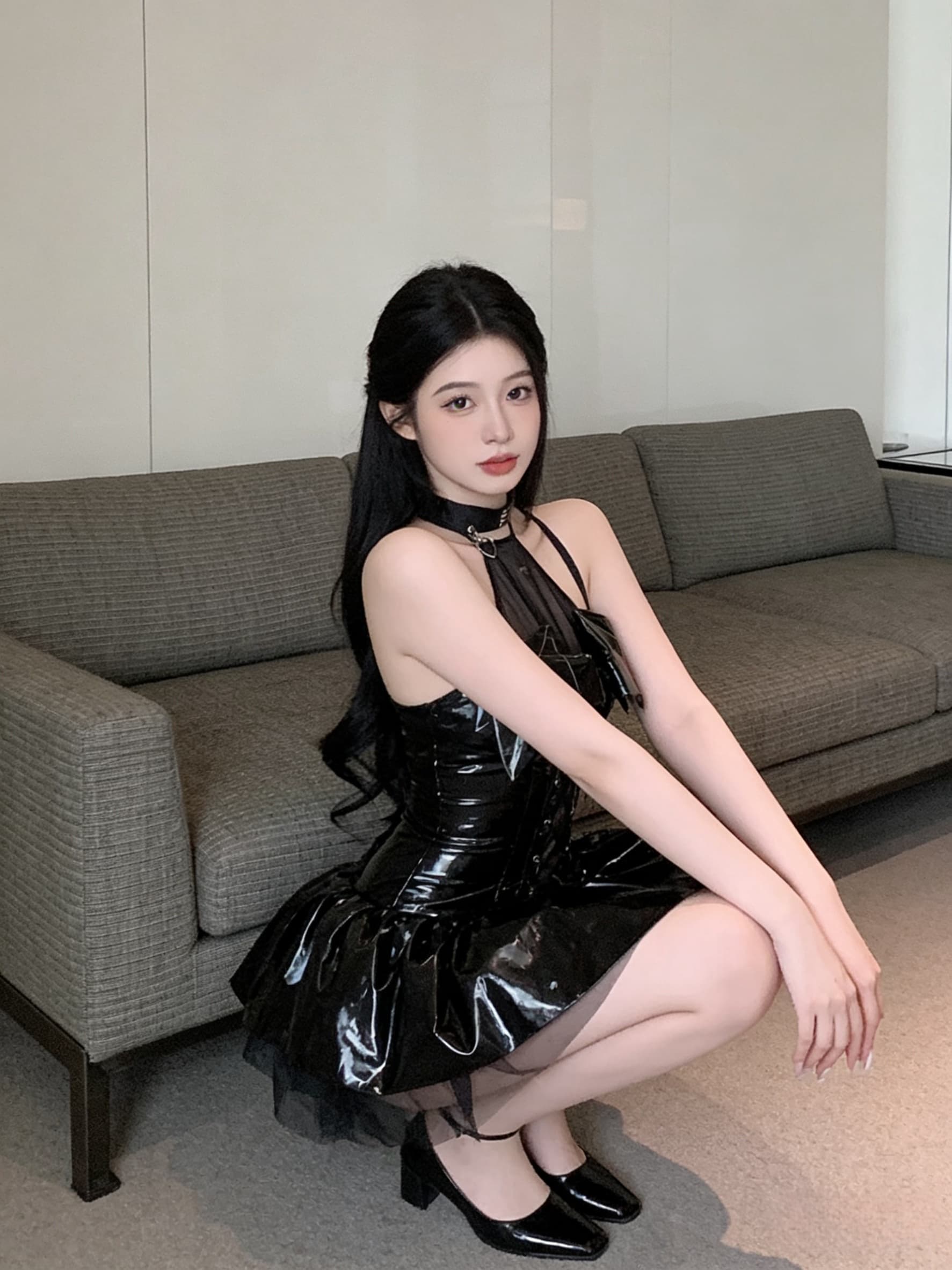 실사 핫걸 다크 부서 행침 목 레이스업 초단 백리스 드레스 모조 가죽 패션 여성 상세 이미지 5
