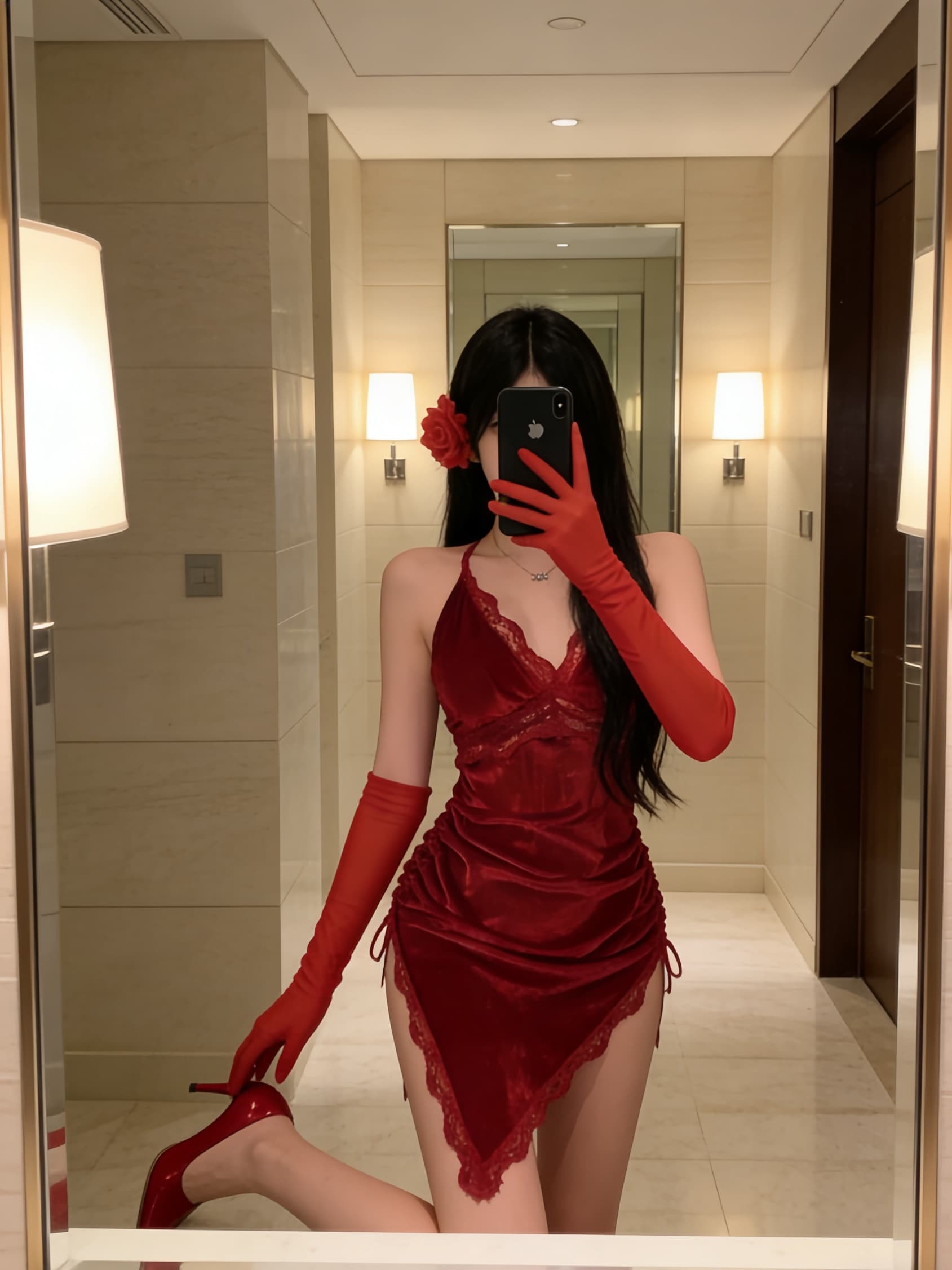 실사 핫걸 섹시함 빨간색 주님 방송 슬립 벨벳 불규칙 드레스 보내기 빨간색 시스루 장갑 여성 의류 상세 이미지 8