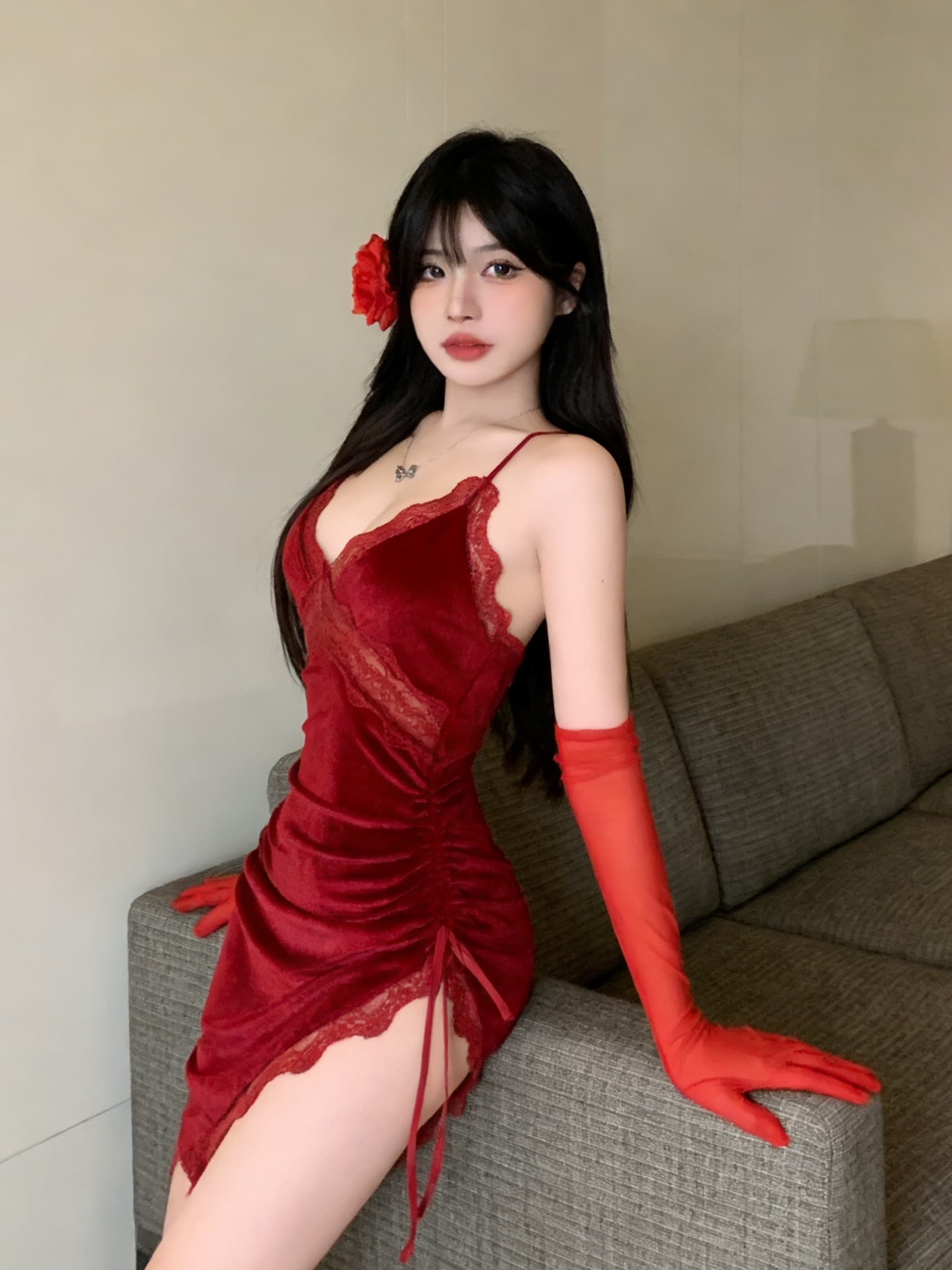 실사 핫걸 섹시함 빨간색 주님 방송 슬립 벨벳 불규칙 드레스 보내기 빨간색 시스루 장갑 여성 의류 상세 이미지 10
