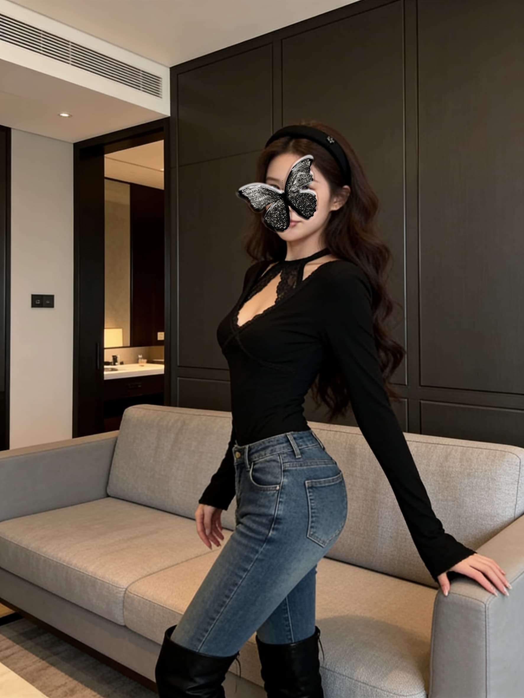 실사 핫걸 검정색 행침 목 디자인 센스 레이스 조각 긴팔 몸매 가꾸기 쇼트 스타일 티셔츠 맨위 여성 의류 상세 이미지 1