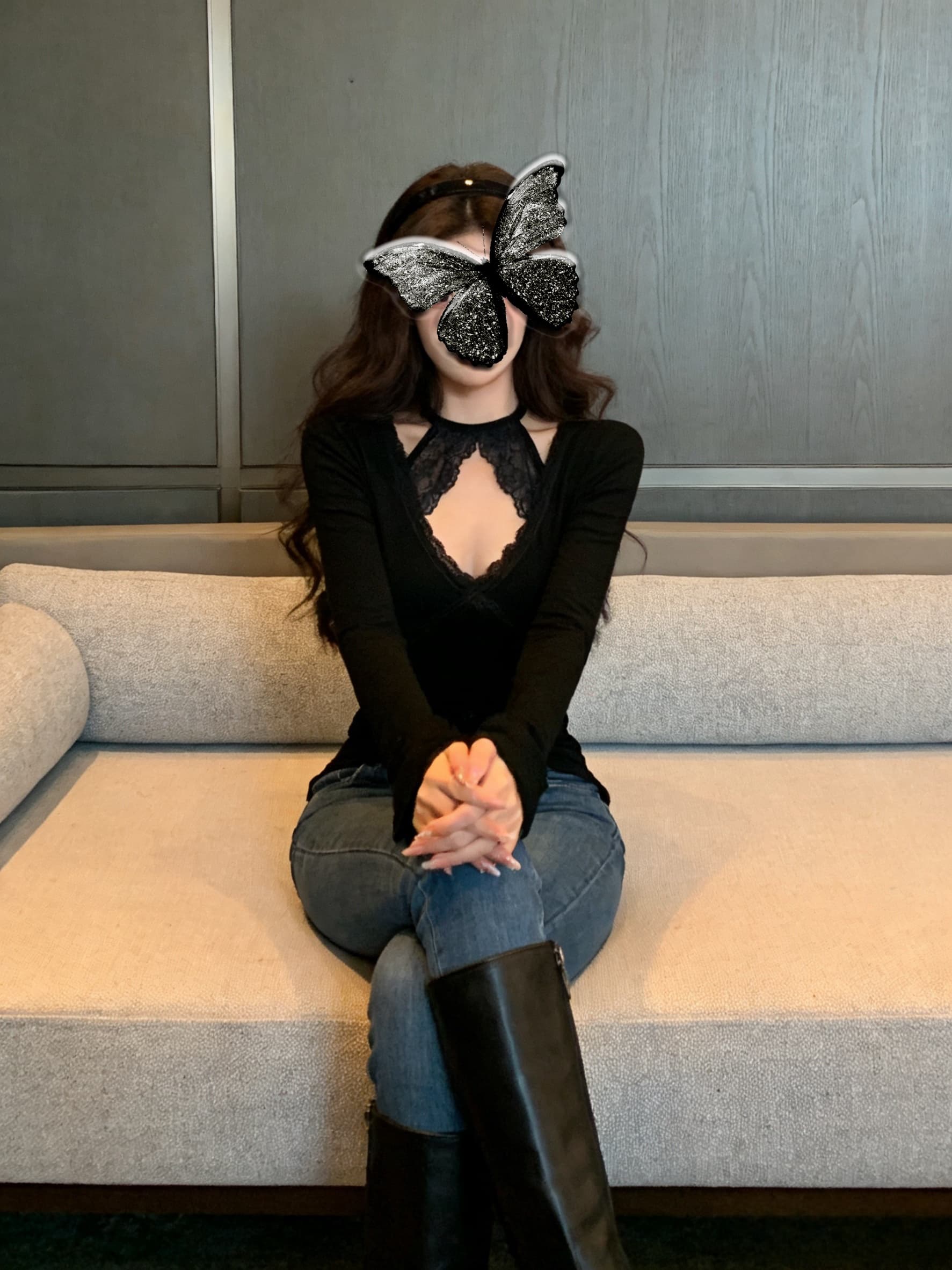 실사 핫걸 검정색 행침 목 디자인 센스 레이스 조각 긴팔 몸매 가꾸기 쇼트 스타일 티셔츠 맨위 여성 의류 상세 이미지 3