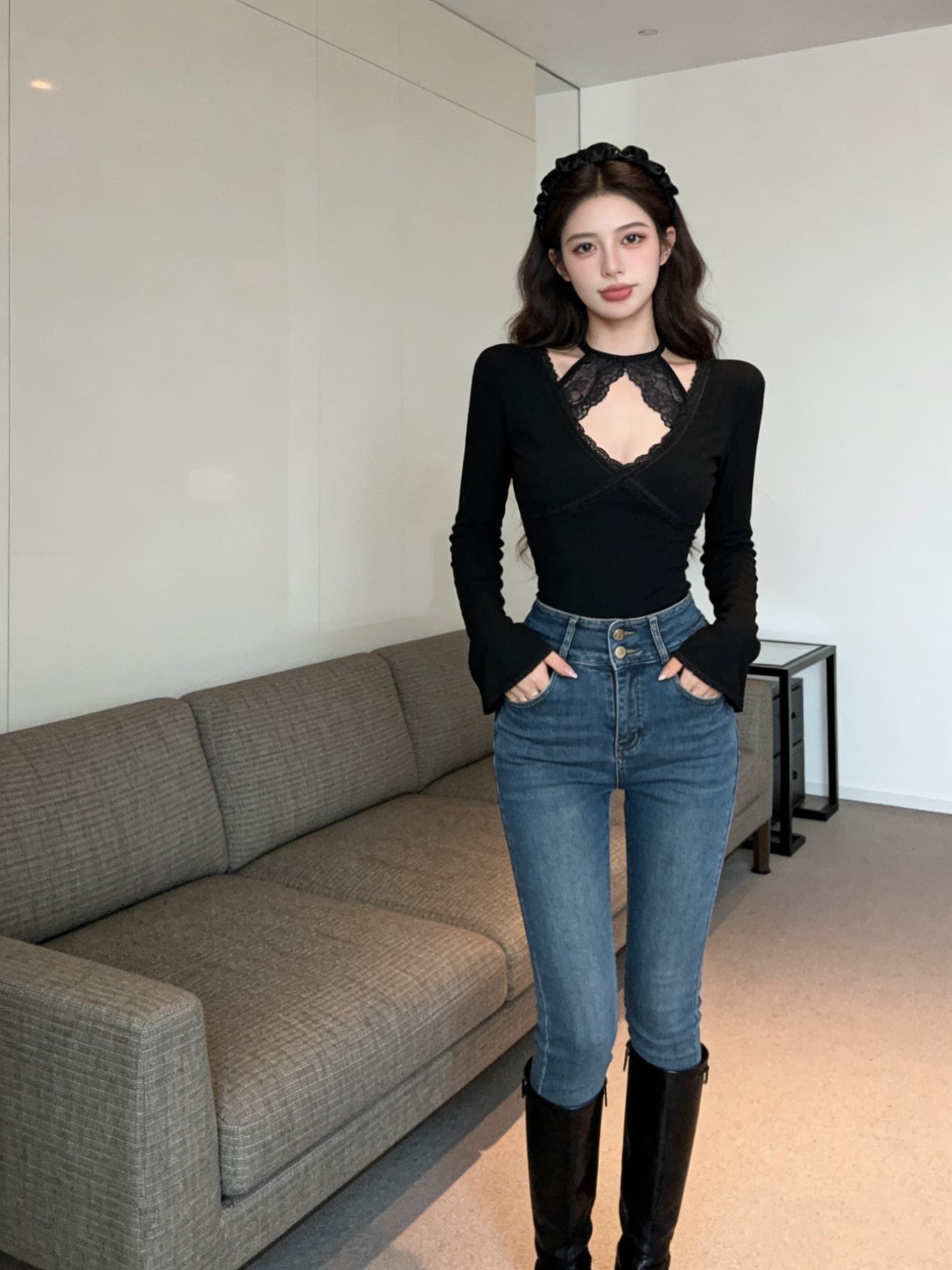 실사 핫걸 검정색 행침 목 디자인 센스 레이스 조각 긴팔 몸매 가꾸기 쇼트 스타일 티셔츠 맨위 여성 의류 상세 이미지 6