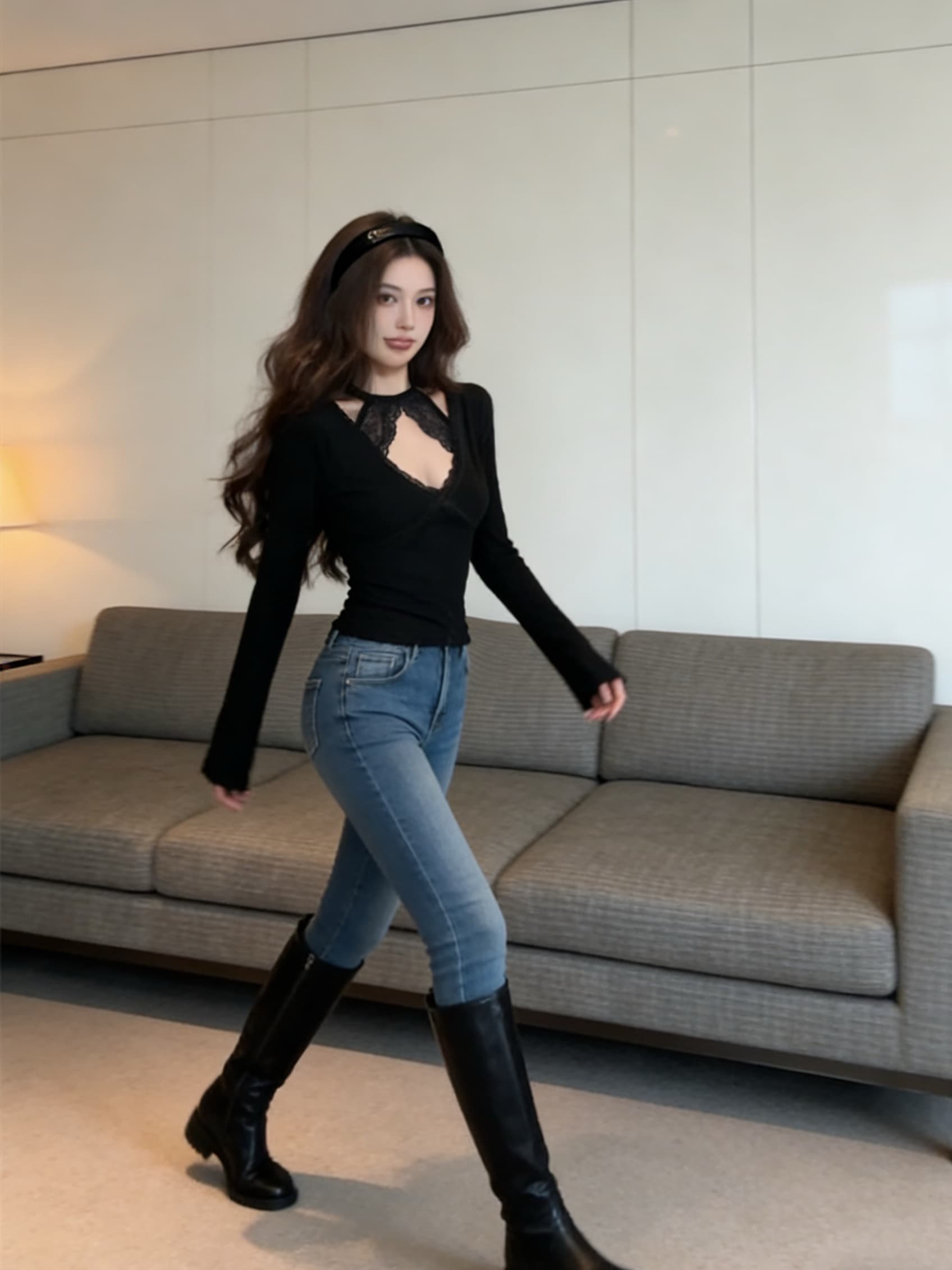 실사 핫걸 검정색 행침 목 디자인 센스 레이스 조각 긴팔 몸매 가꾸기 쇼트 스타일 티셔츠 맨위 여성 의류 상세 이미지 9