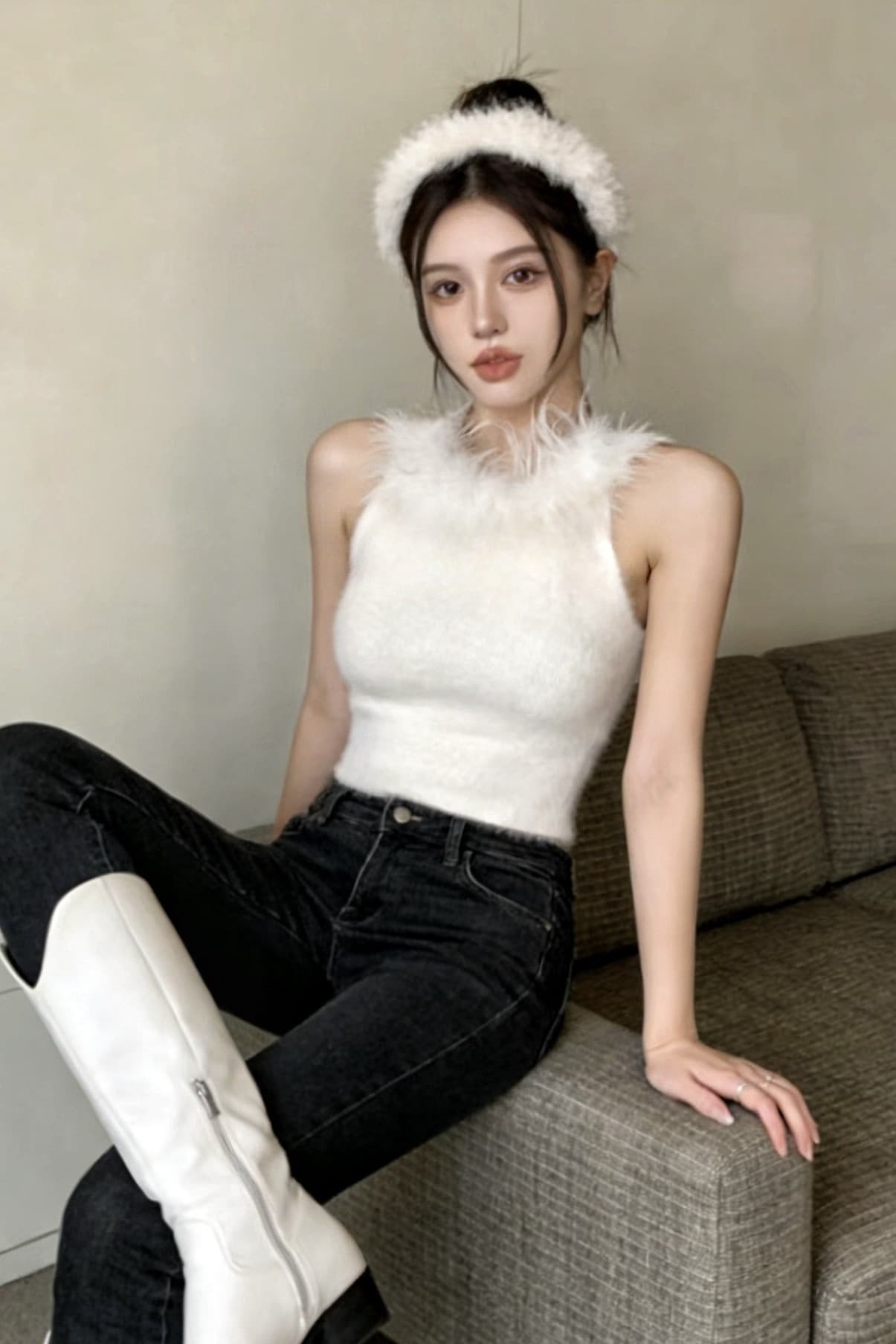 실사 순수한 욕망 핫걸 모피 행침 목 백리스 순수한 캐미솔 맨위 여성 이미지 6