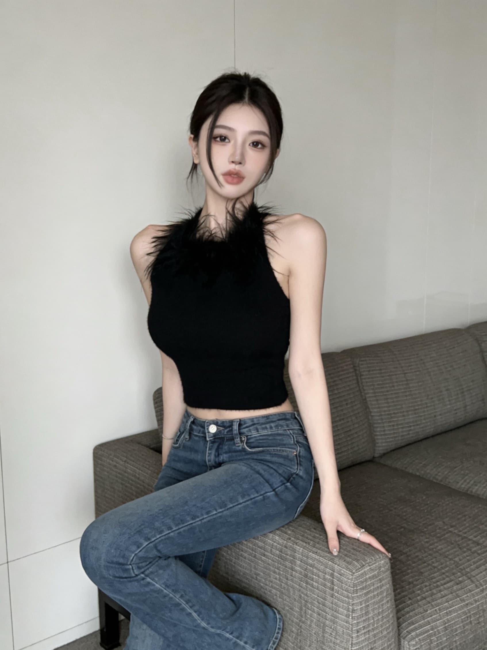실사 순수한 욕망 핫걸 모피 행침 목 백리스 순수한 캐미솔 맨위 여성 상세 이미지 3