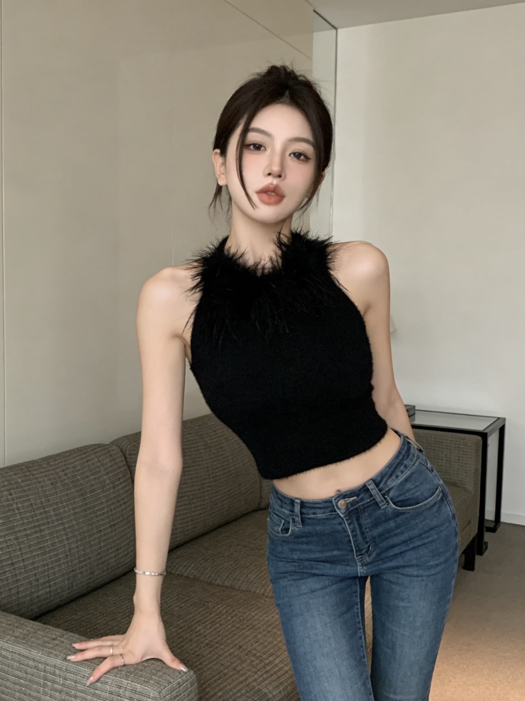 실사 순수한 욕망 핫걸 모피 행침 목 백리스 순수한 캐미솔 맨위 여성 상세 이미지 4