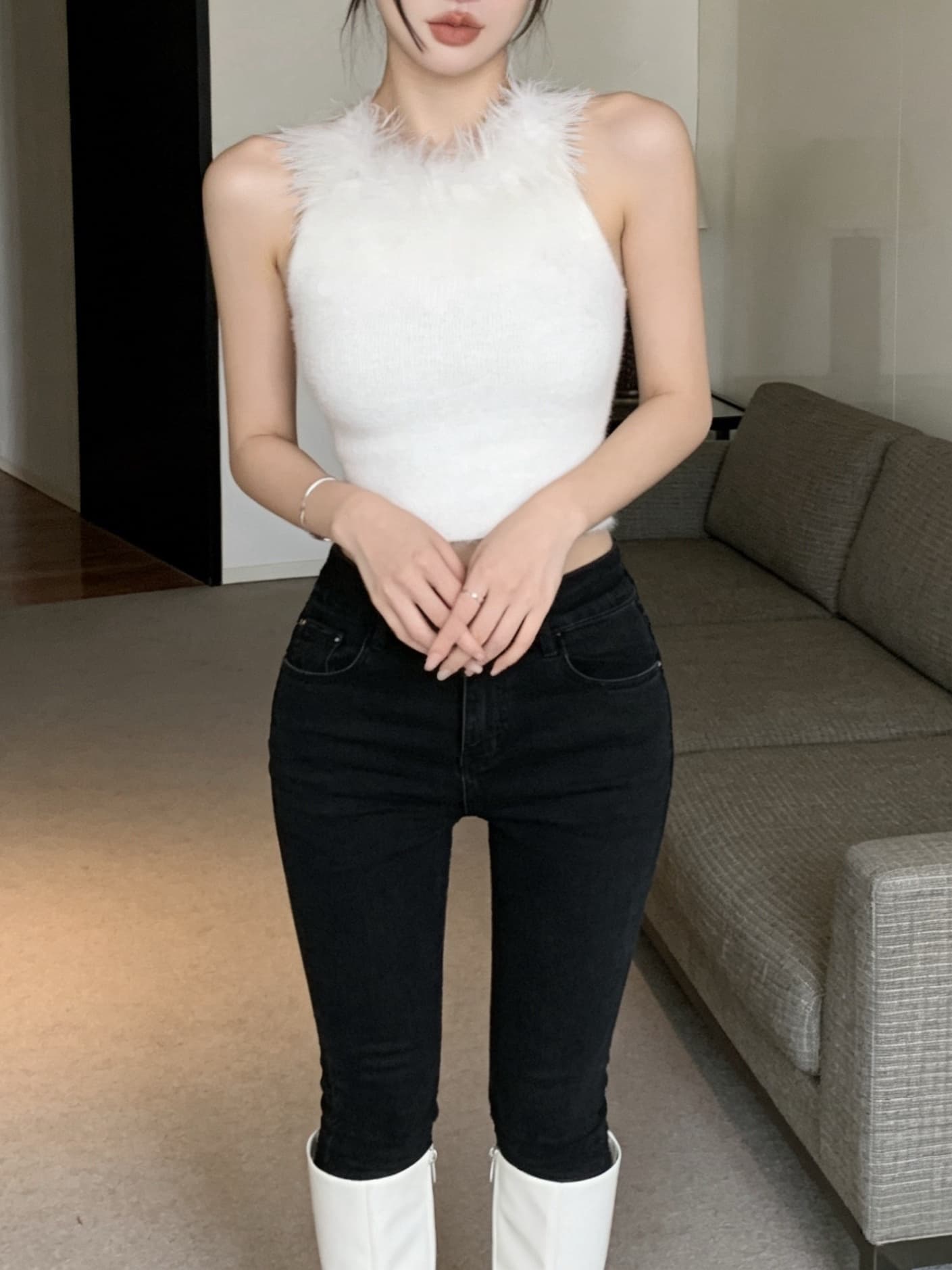 실사 순수한 욕망 핫걸 모피 행침 목 백리스 순수한 캐미솔 맨위 여성 상세 이미지 5