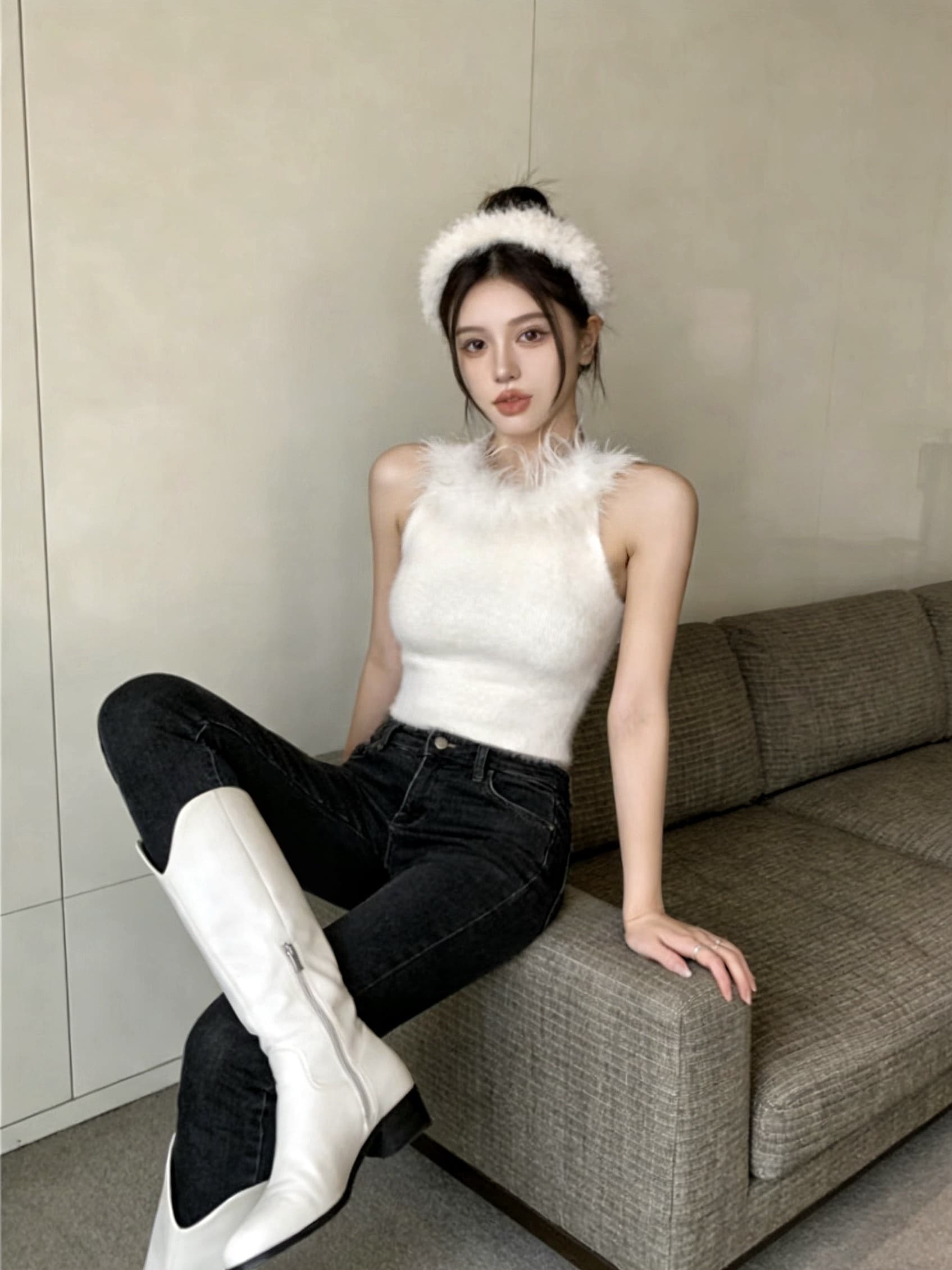 실사 순수한 욕망 핫걸 모피 행침 목 백리스 순수한 캐미솔 맨위 여성 상세 이미지 6