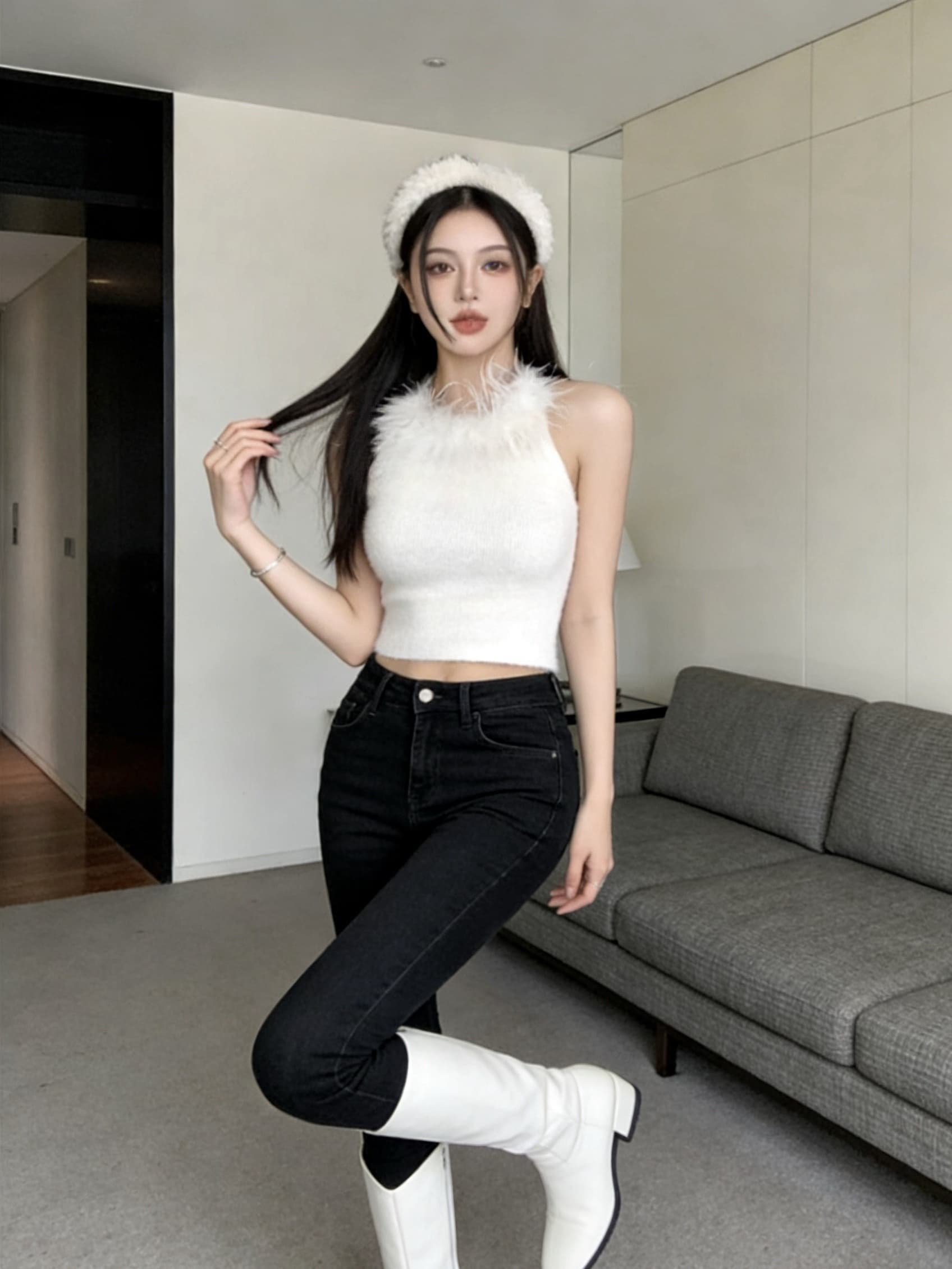 실사 순수한 욕망 핫걸 모피 행침 목 백리스 순수한 캐미솔 맨위 여성 상세 이미지 8
